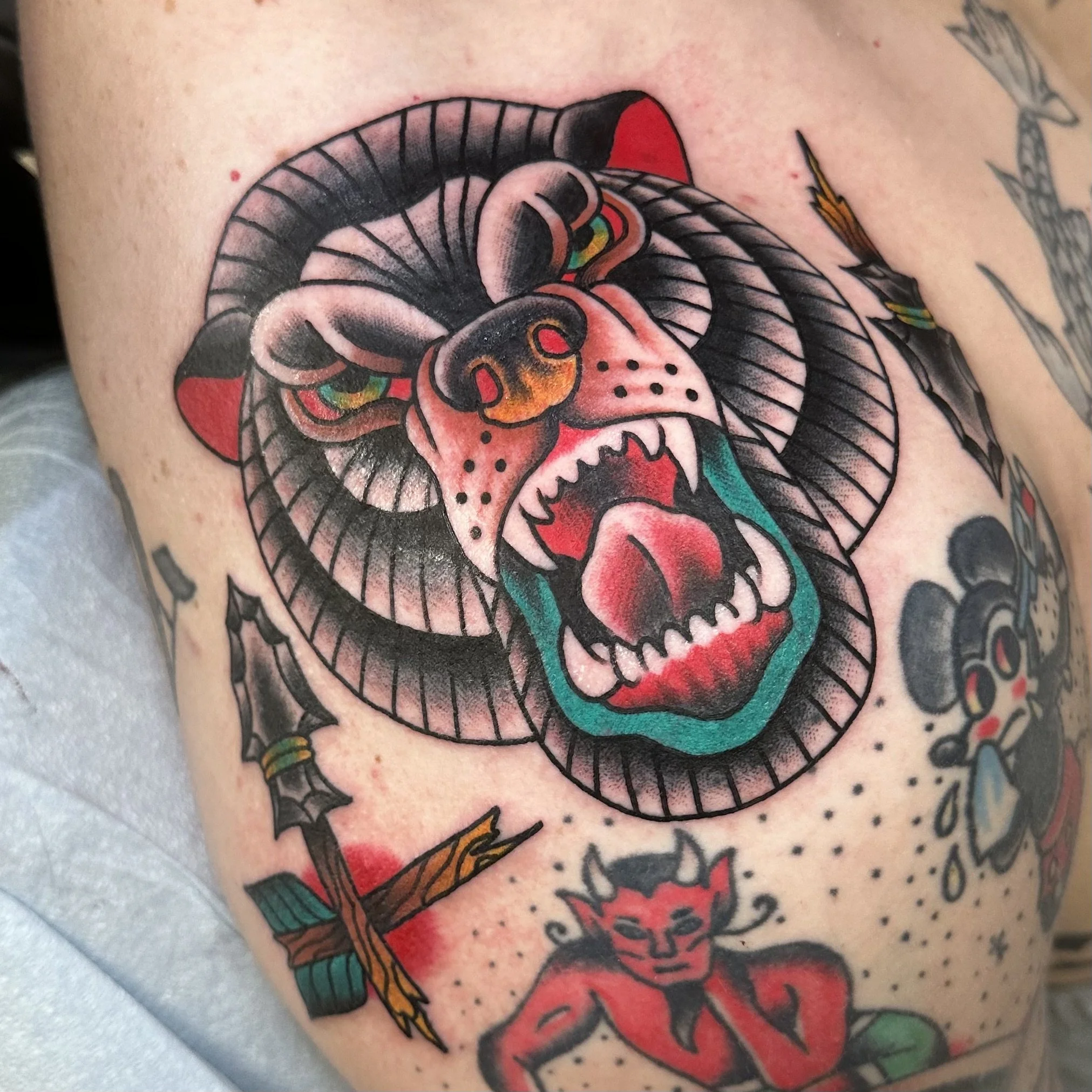 Traditional bear tattoo by Jeff Young jyoung_tattoos, tattoo artist in San Diego