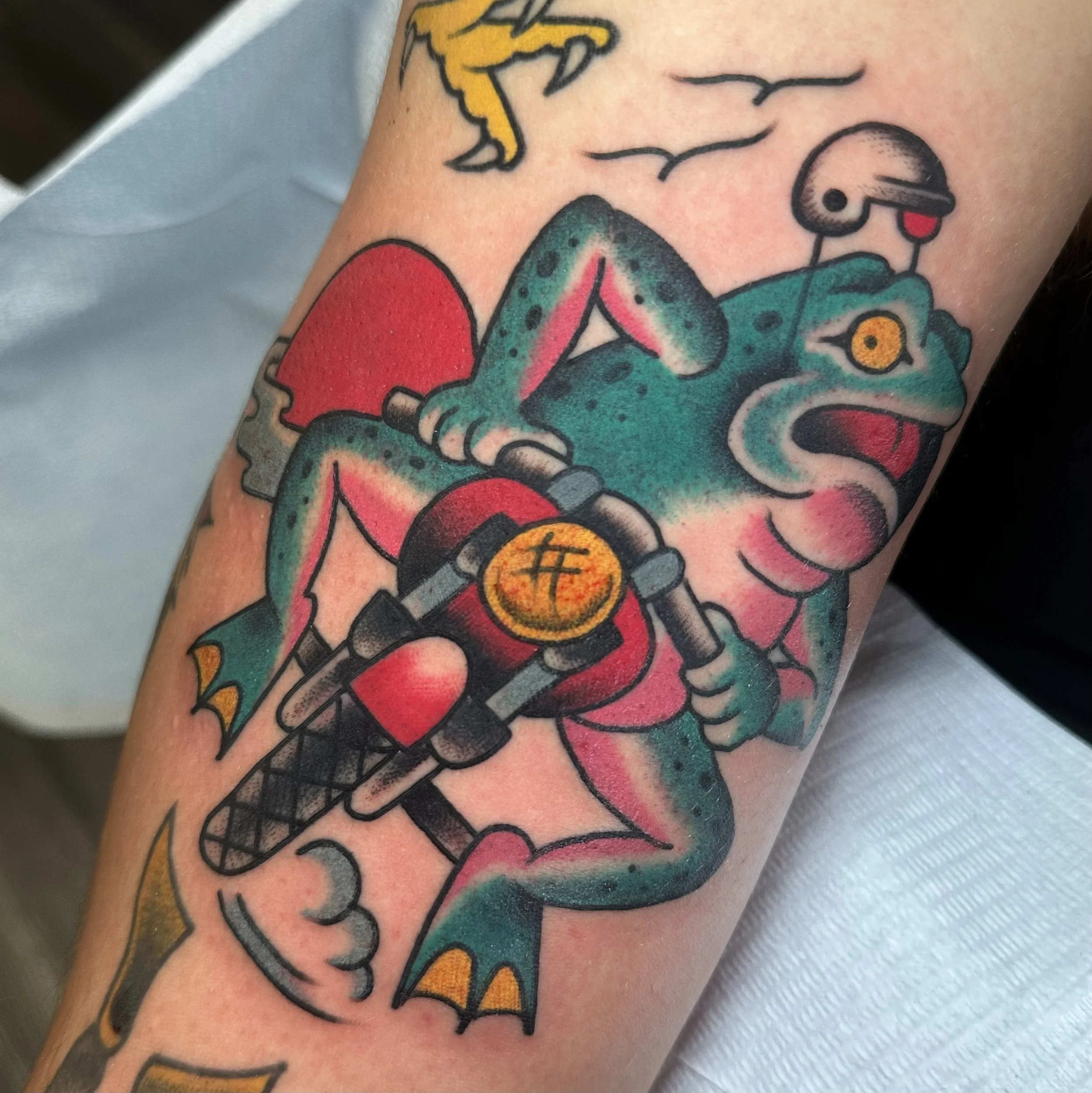 Traditional frog tattoo by traditional tattoo artist Jeff Young in San Diego, CA