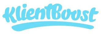 The image features the word 'KliеntBoost' written in light blue, playful, rounded font with a swooping underline underneath.
