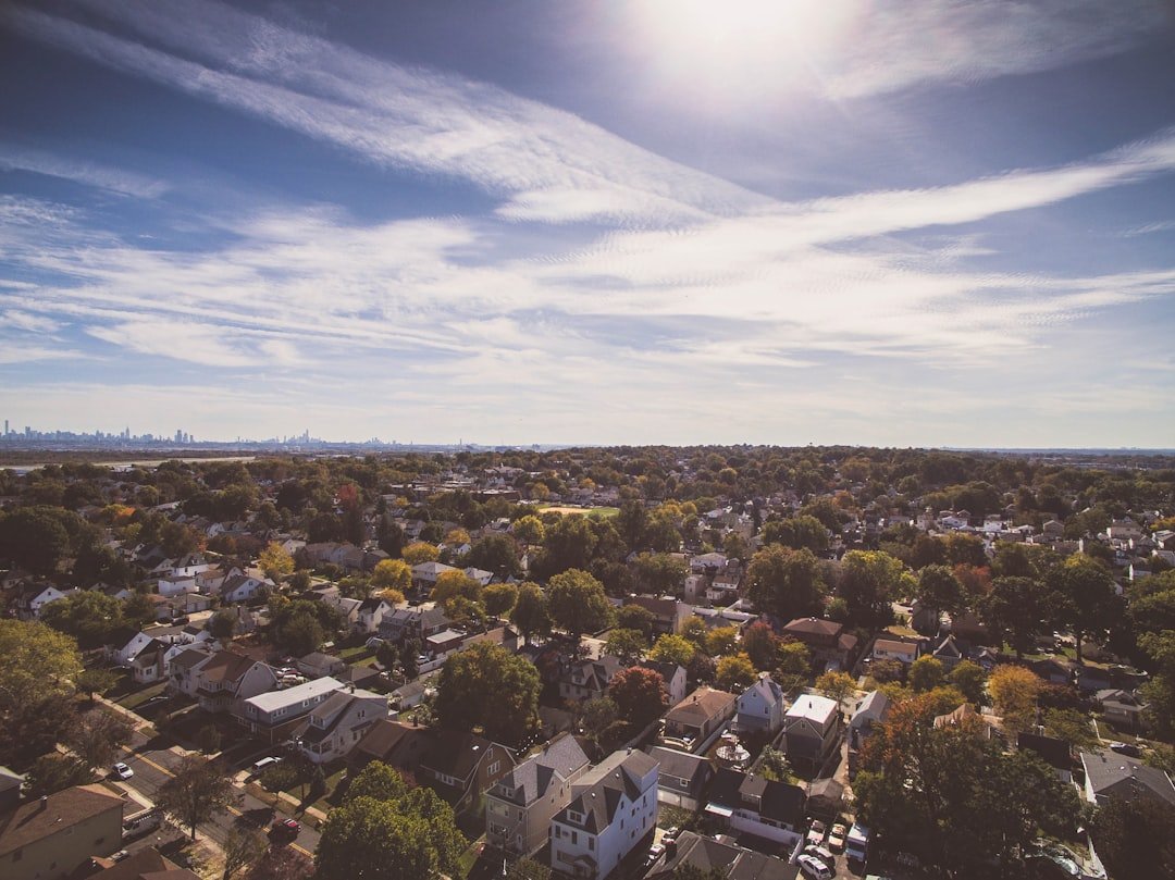 Aerial view of a suburban neighborhood with houses and trees under a partly cloudy sky, with a distant city skyline on the horizon.