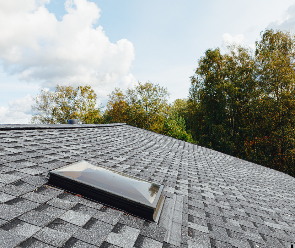 A house roof with asphalt shingles and a skylight window, with trees and a partly cloudy sky in the background.