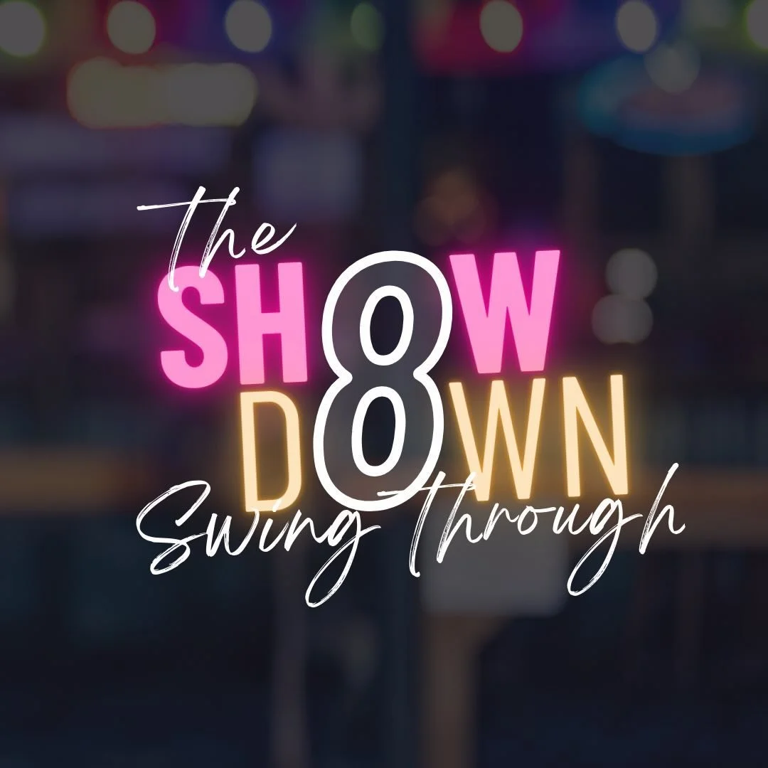 Neon-style text reads 'The Show Goes on Swing Through' with colorful blurred lights in the background.