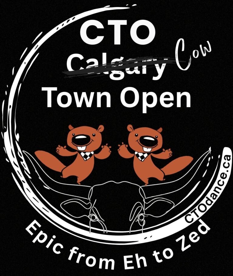 Black promotional material for Calgary Cow Town Open with cartoon bears and a stylized Calgary cow head.
