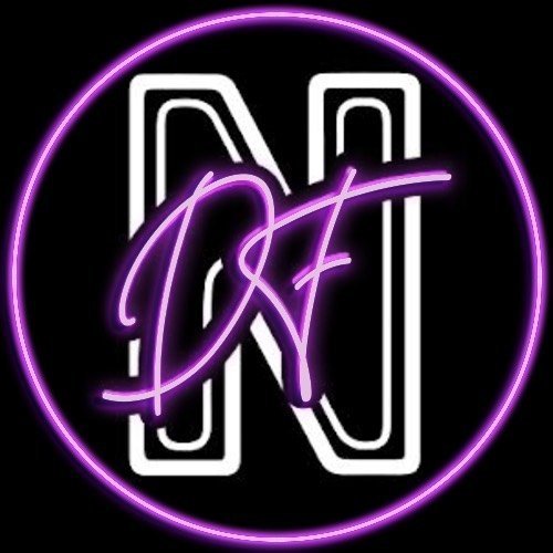 Neon sign with the letter 'N' in white, outlined in black, surrounded by a purple circular neon border, and overlaid with a purple cursive 'D' and 'F' in the center.