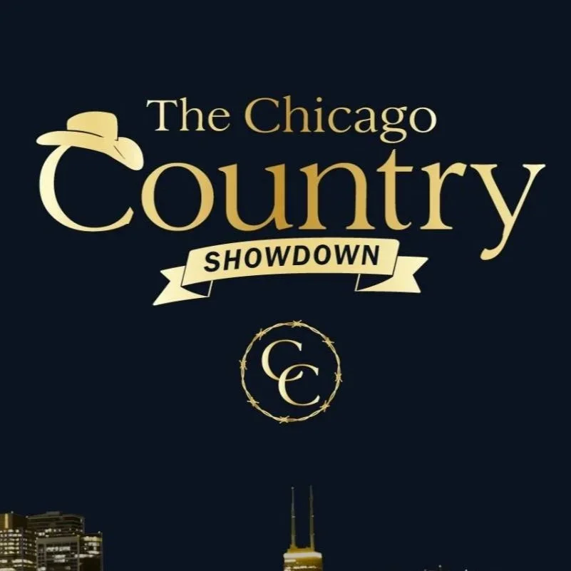 Promotional graphic for The Chicago Country Showdown featuring a cowboy hat, barbed wire circle with initials, and a city skyline at night.