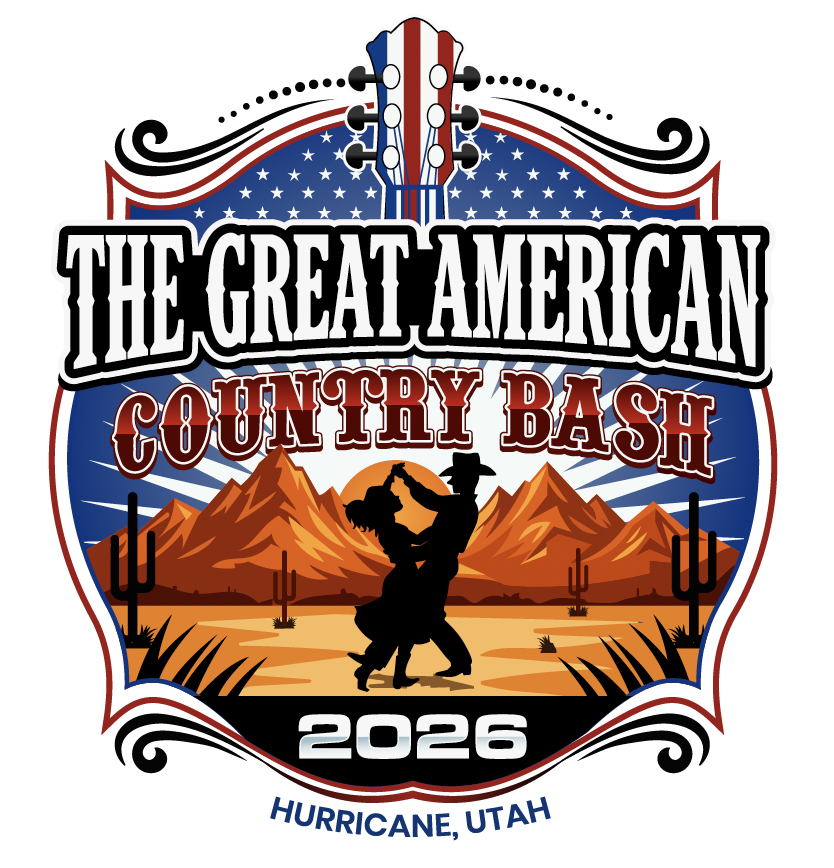 Logo for The Great American Country Bash 2026 in Hurricane, Utah, featuring a silhouette of a country dancer, mountains, cacti, and a guitar at the top.