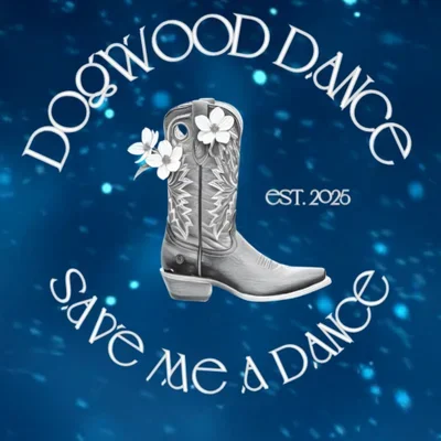 Logo for a dance studio called Downwood Dance with a cowboy boot decorated with flowers, set against a blue festive background.