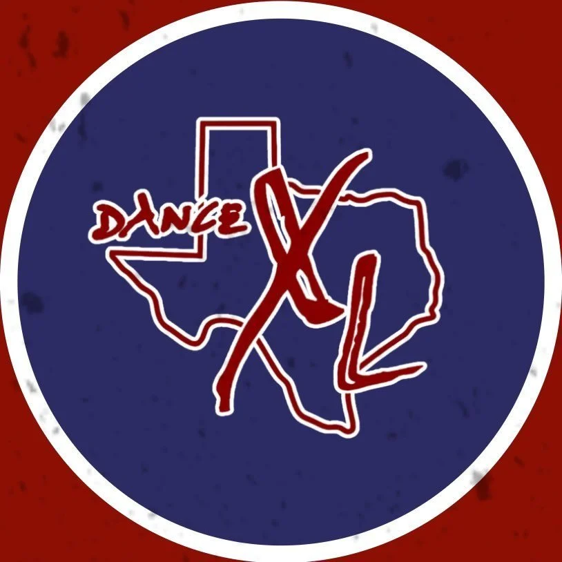 Logo featuring a red outline of the state of Texas with a large 'X' across it, over a dark blue background with red and white accents, and the word 'DANCE' written in red.