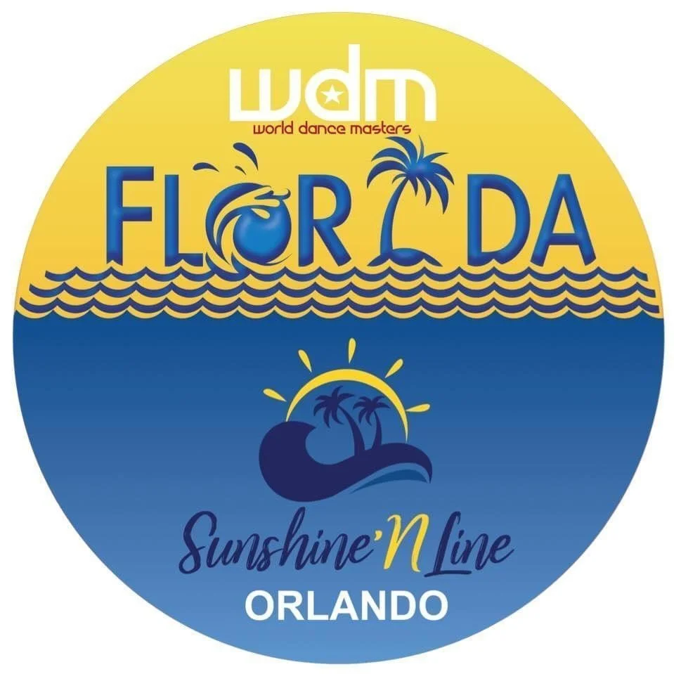 Colorful circular logo for Florida Sunshine 'N Line in Orlando, featuring a sunset, palm trees, waves, and a dolphin, with text indicating it is part of the World Dance Masters logo.