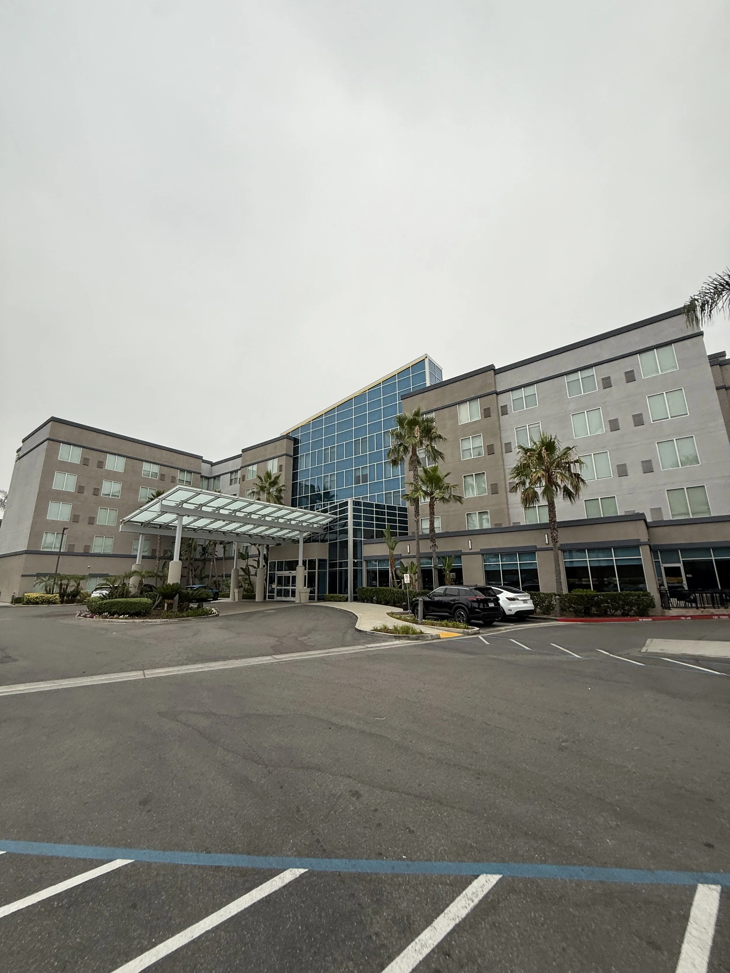 A large modern hotel building with glass windows, surrounded by palm trees, a covered entrance, and a parking lot with a few parked cars, under an overcast sky.