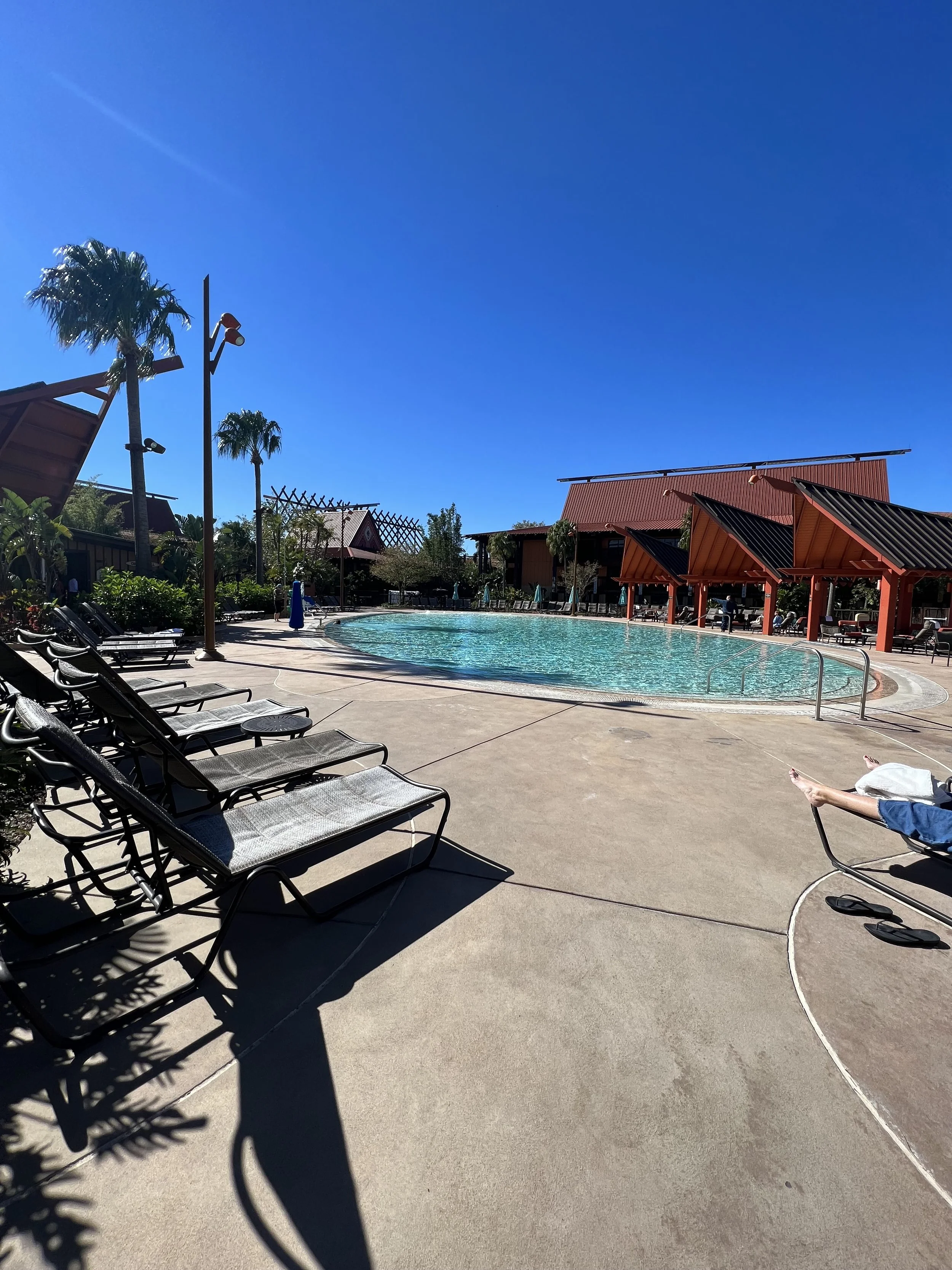 Empty swimming pool surrounded by lounge chairs and palm trees on sunny day with clear blue sky.