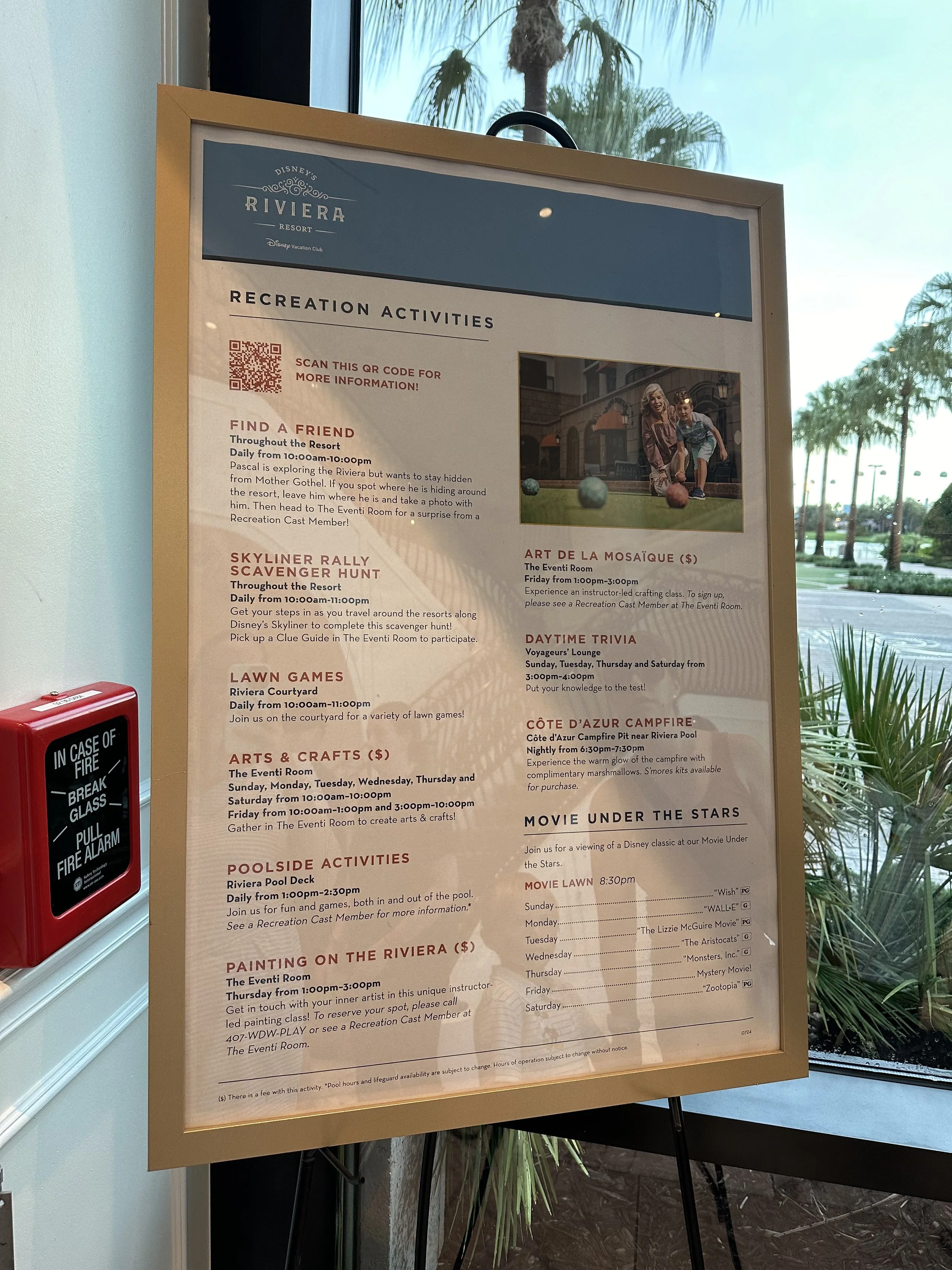 Resort activity schedule board listing various recreational activities, including find a friend, skyliner rally scavenger hunt, lawn games, arts and crafts, poolside activities, painting on the Riviera, art de la mosaïque, daytime trivia, Côte d'Azur