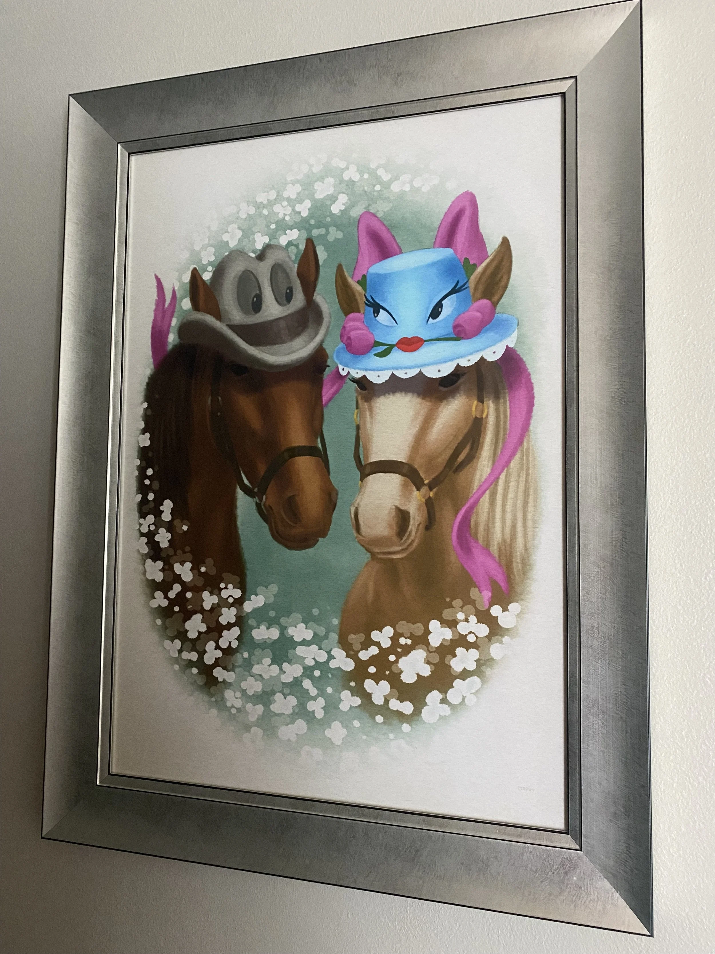 Painting of two horses with colorful cartoonish hats and accessories, surrounded by white flower petals.
