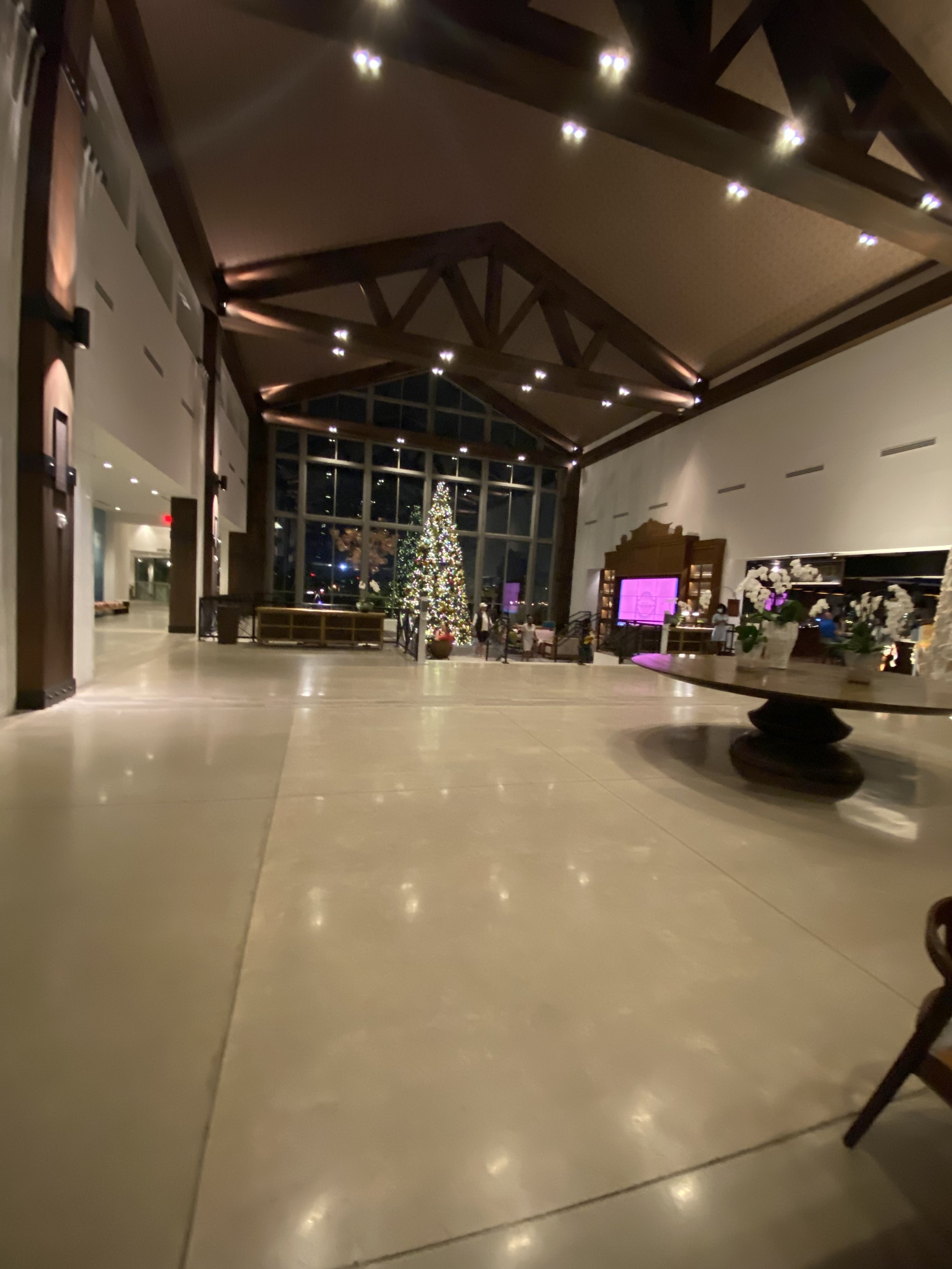 Interior view of a spacious lobby decorated for Christmas with a large Christmas tree and Christmas ornaments, illuminated with warm lighting.
