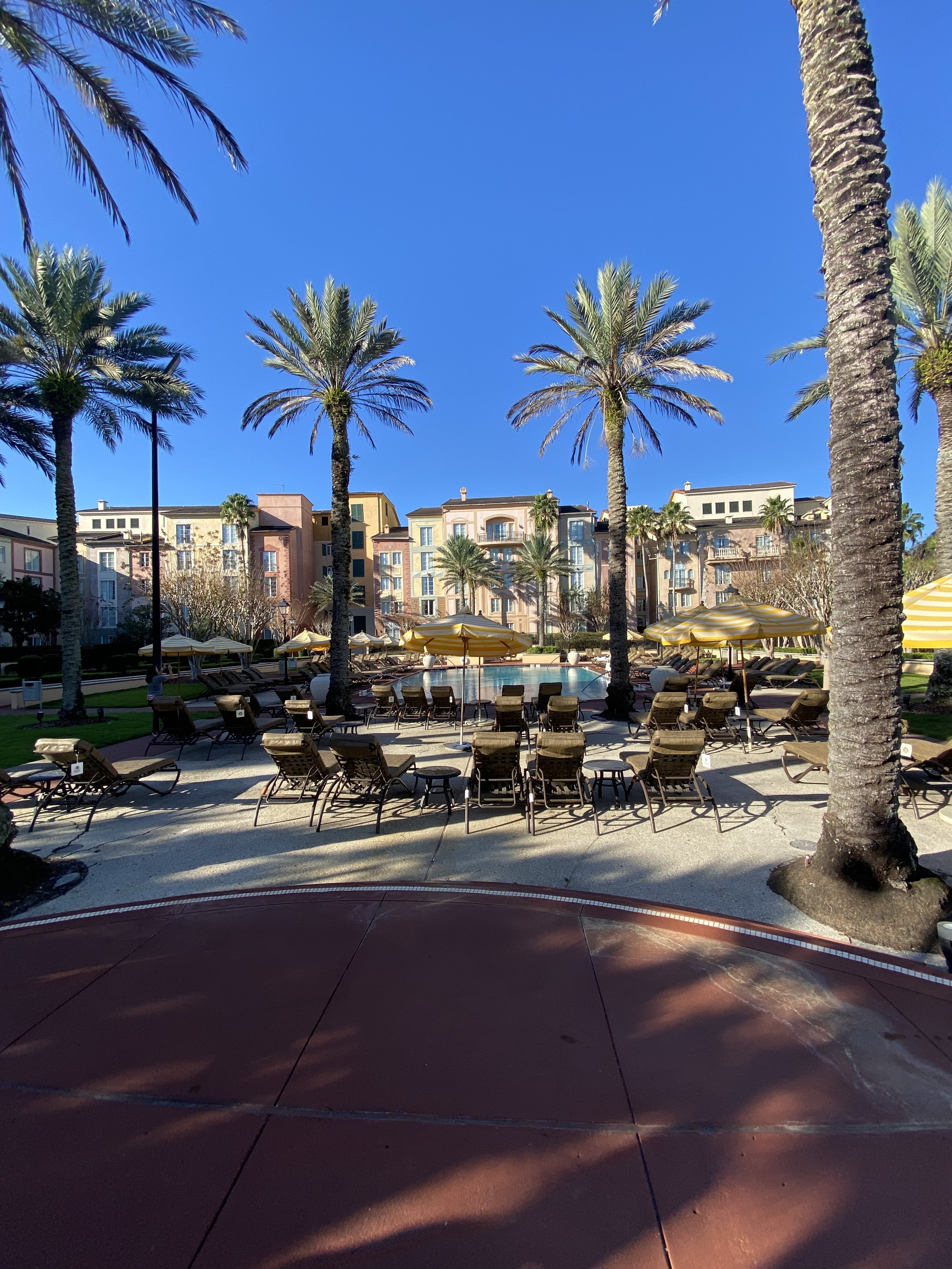 A poolside area with lounge chairs, yellow umbrellas, palm trees, and a multi-story residential building in the background under a clear blue sky.