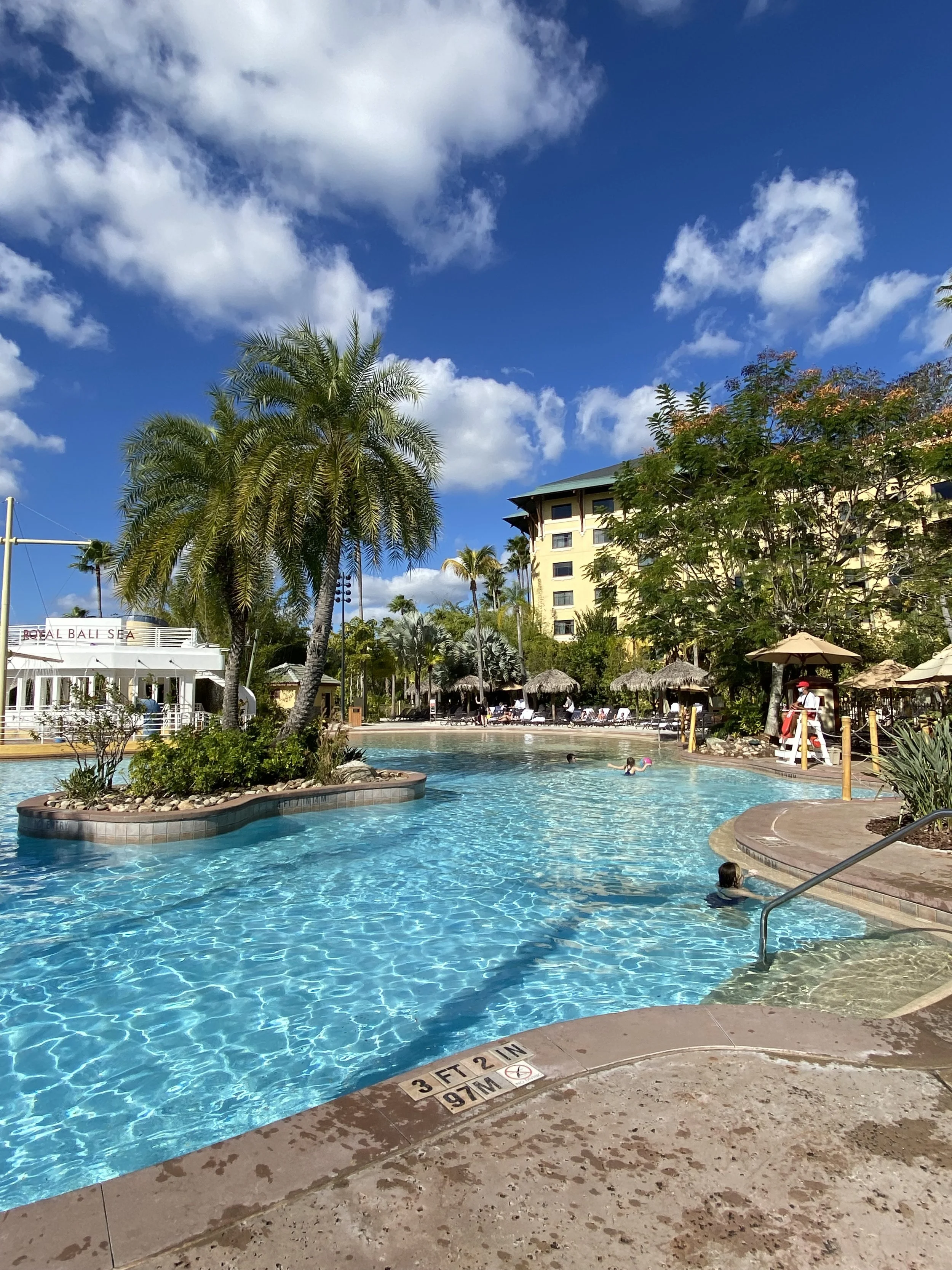 Swimming pool with palm trees and a resort hotel under a partly cloudy blue sky.