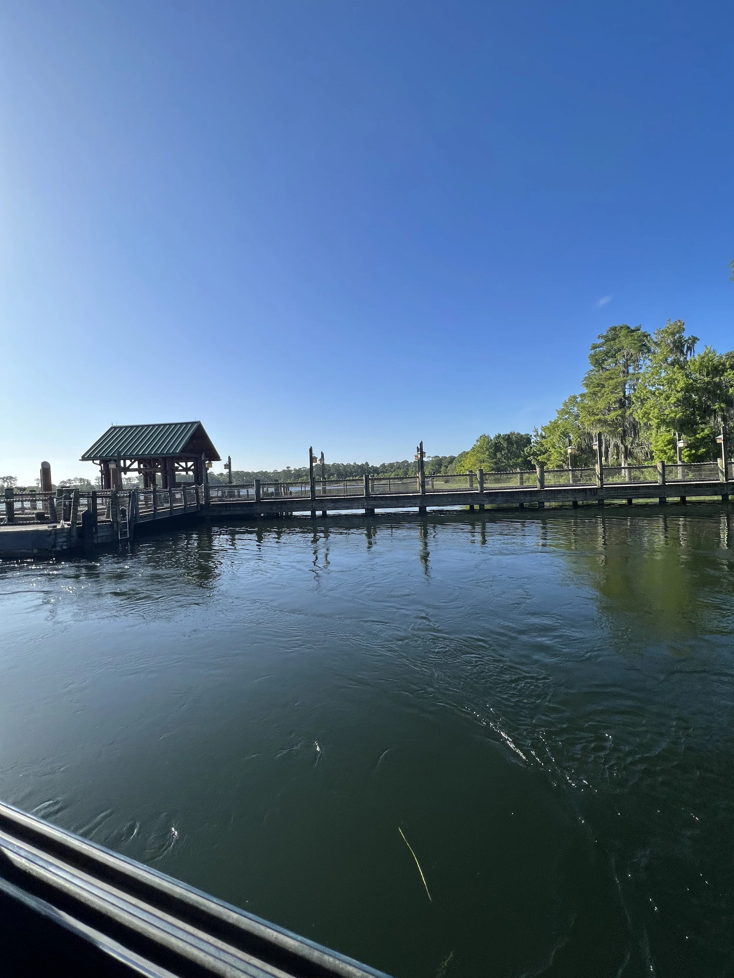 A dock extending over water with a small covered structure and trees in the background under a clear blue sky.