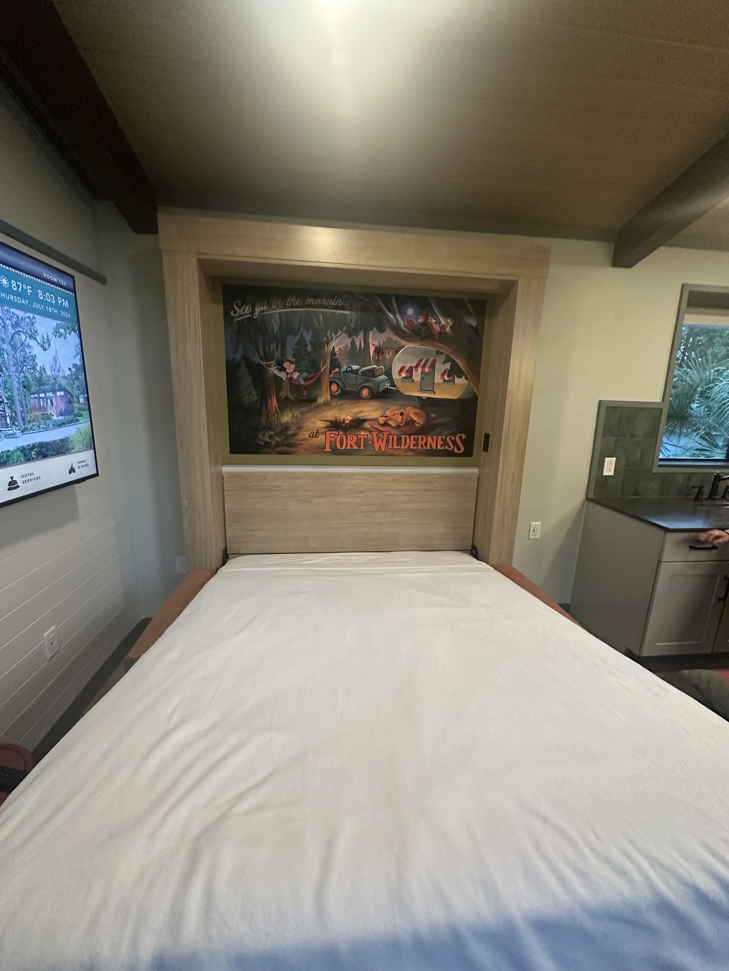 Hotel room with a large bed, a colorful forest-themed mural on the headboard featuring a boy in a hammock, a truck, and a sleeping dog, a wall-mounted television on the left displaying a house photo, and a window on the right showing greenery outside
