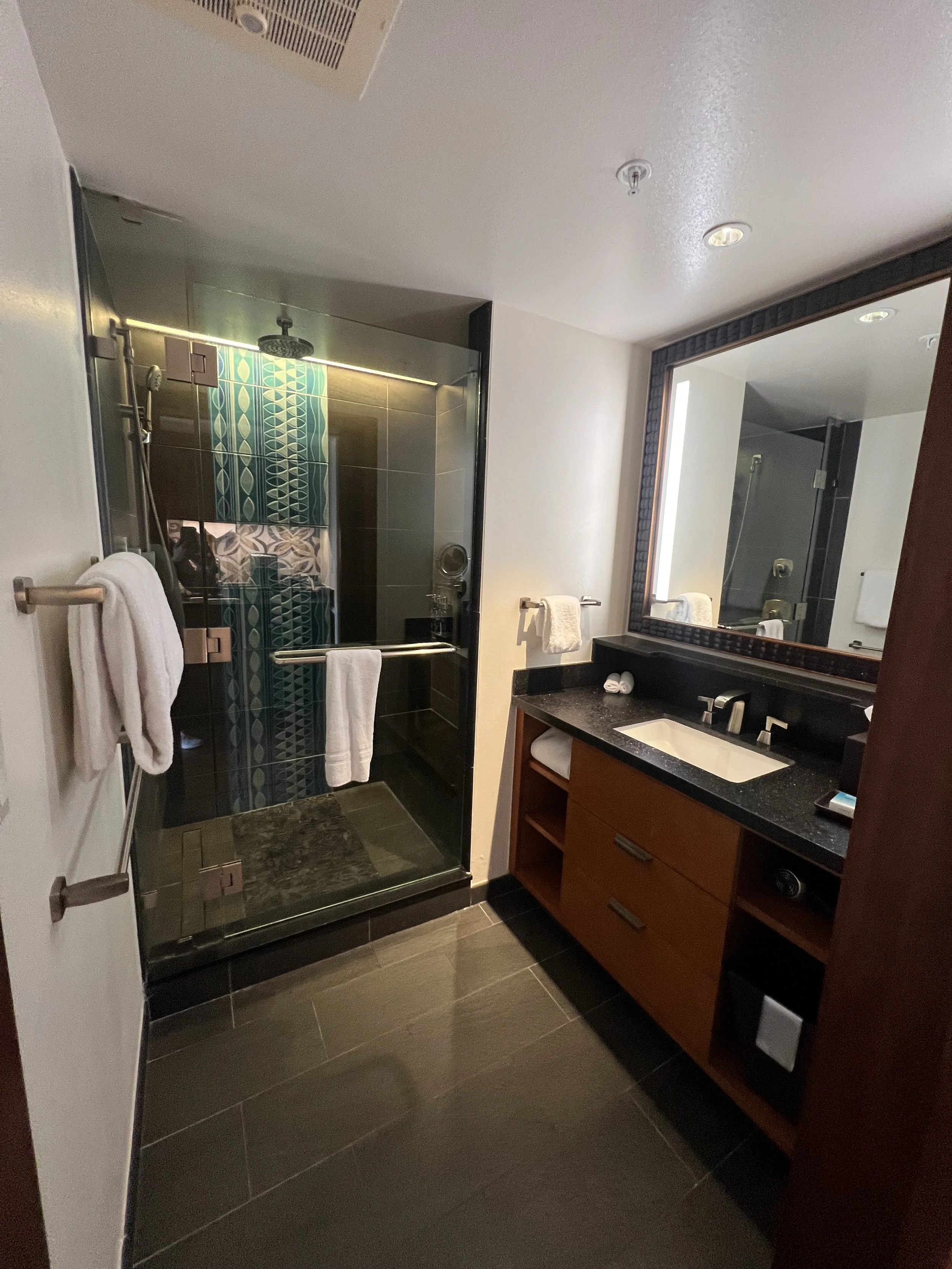 Modern bathroom with a glass shower enclosure and a dark wood vanity with a black countertop, white sink, and large mirror.