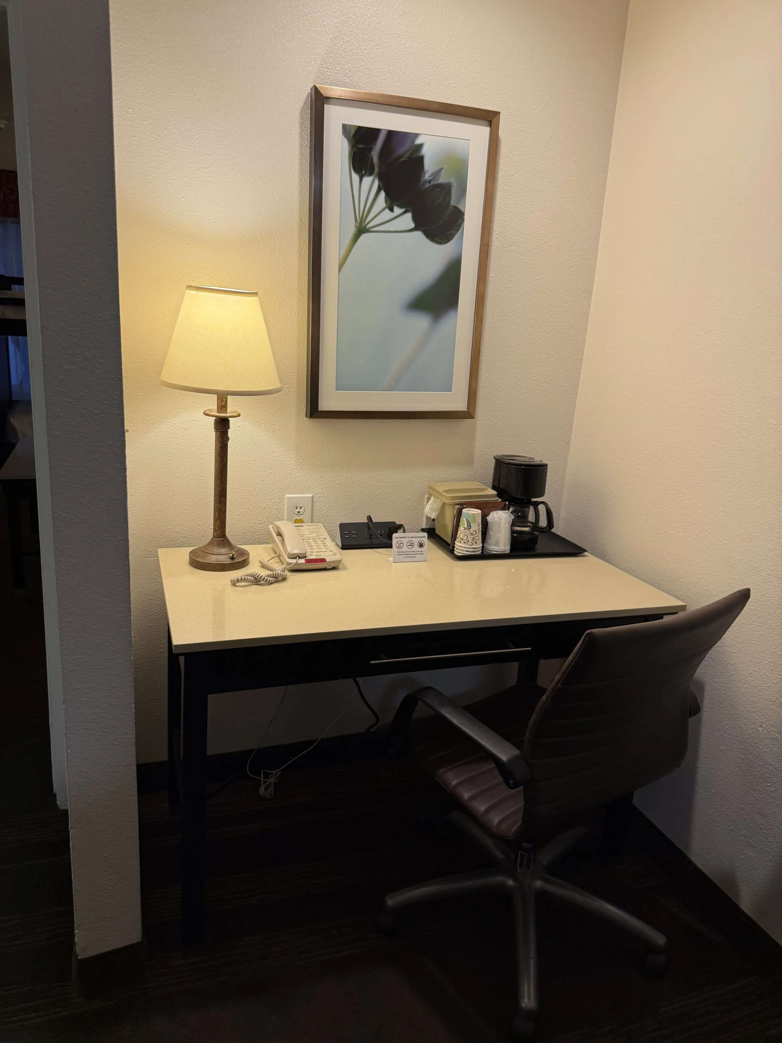 A small workspace with a beige desk, a brown office chair, and a table lamp. The desk has a telephone, a coffee maker, paper cups, and a small tray with supplies. There is a framed botanical photograph on the wall above the desk.