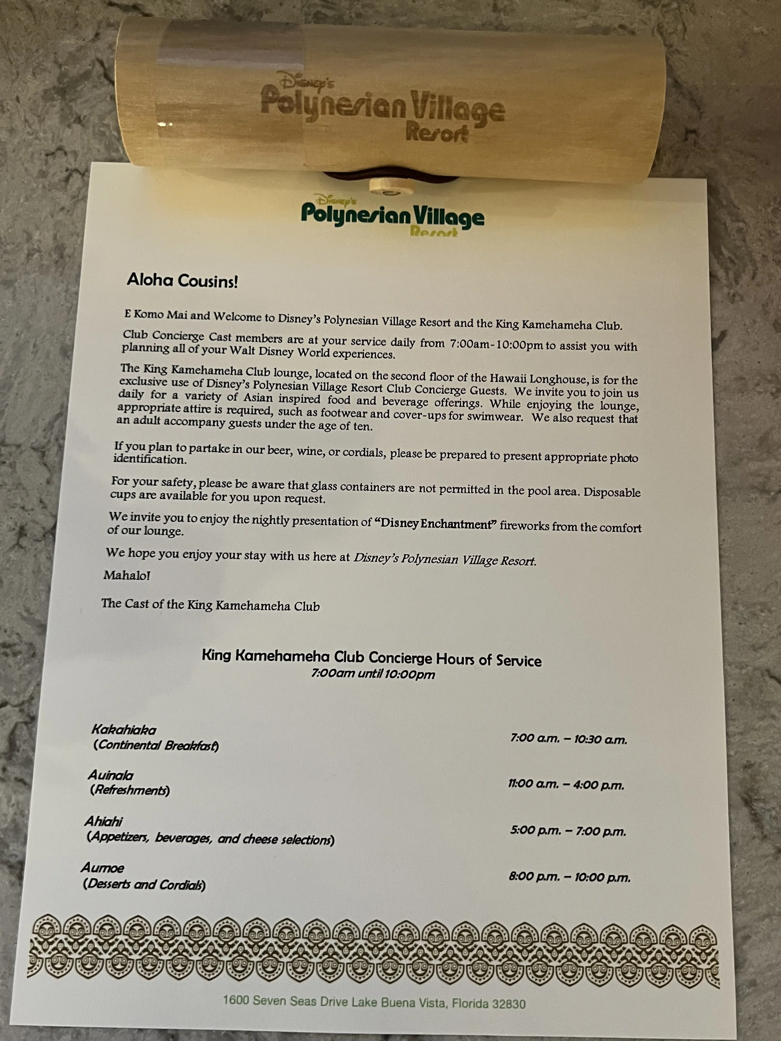 Letter on Turtle Island with Disney Polynesian Village Resort letterhead. The letter provides information about club hours, dining, and entertainment at Disney's Polynesian Village Resort, including details about the King Kamehameha Club and its enco