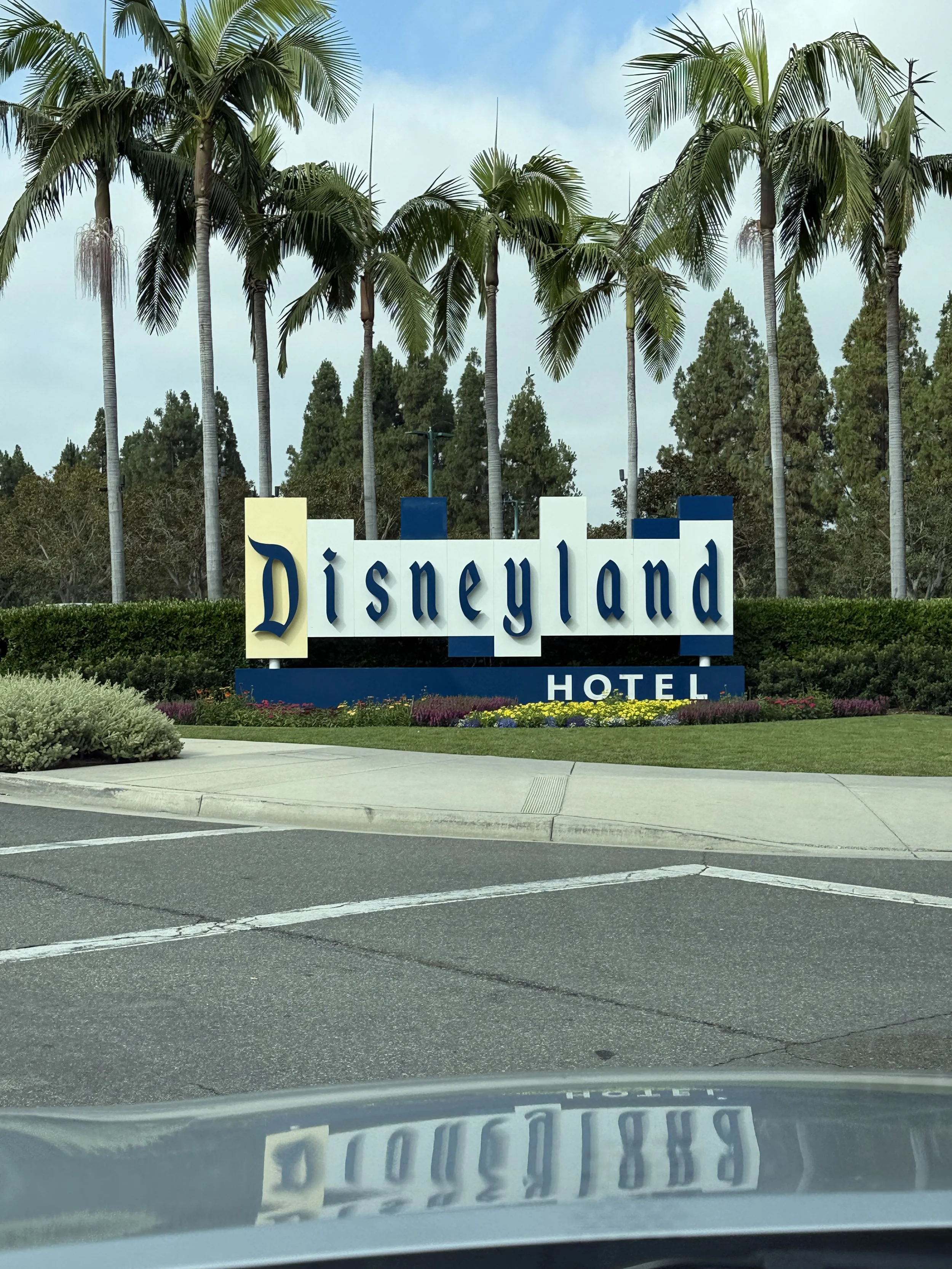 Sign for Disneyland Hotel with tall palm trees and greenery in the background.