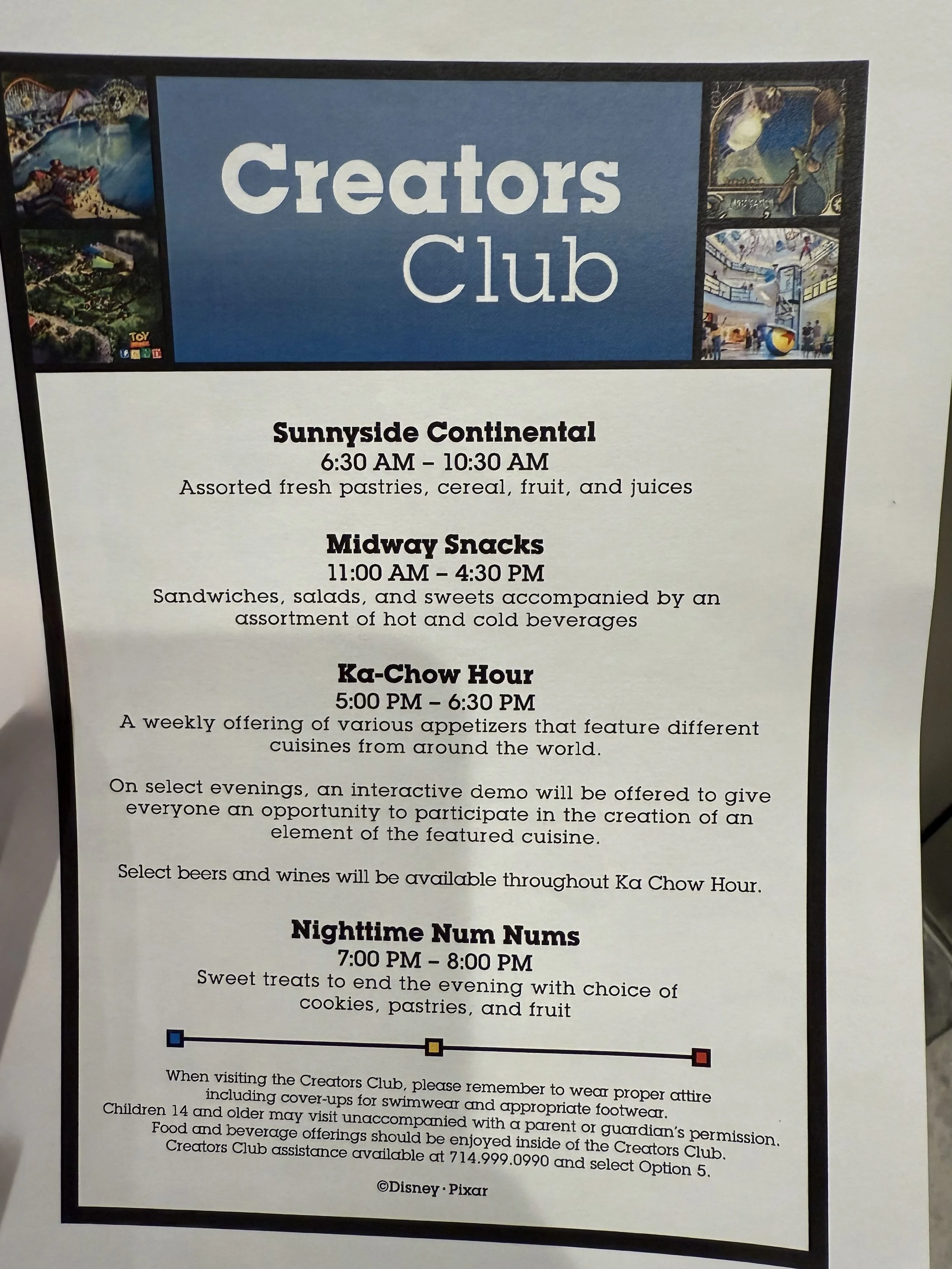 Poster for Creators Club with schedule of activities including Sunnyside Continental breakfast, Midway Snacks, Ka-Chow Hour, and Nighttime Num Nums, with Disney and Pixar© logos.
