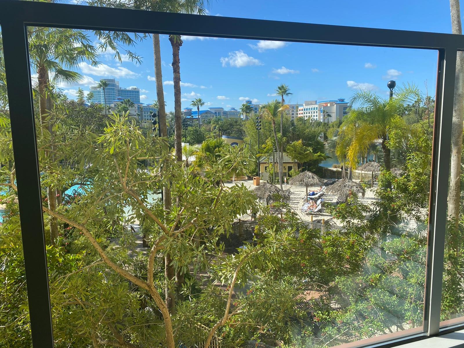 View of a pool area with palm trees and lounge chairs, outside a hotel or resort, with city buildings in the background under a blue sky.