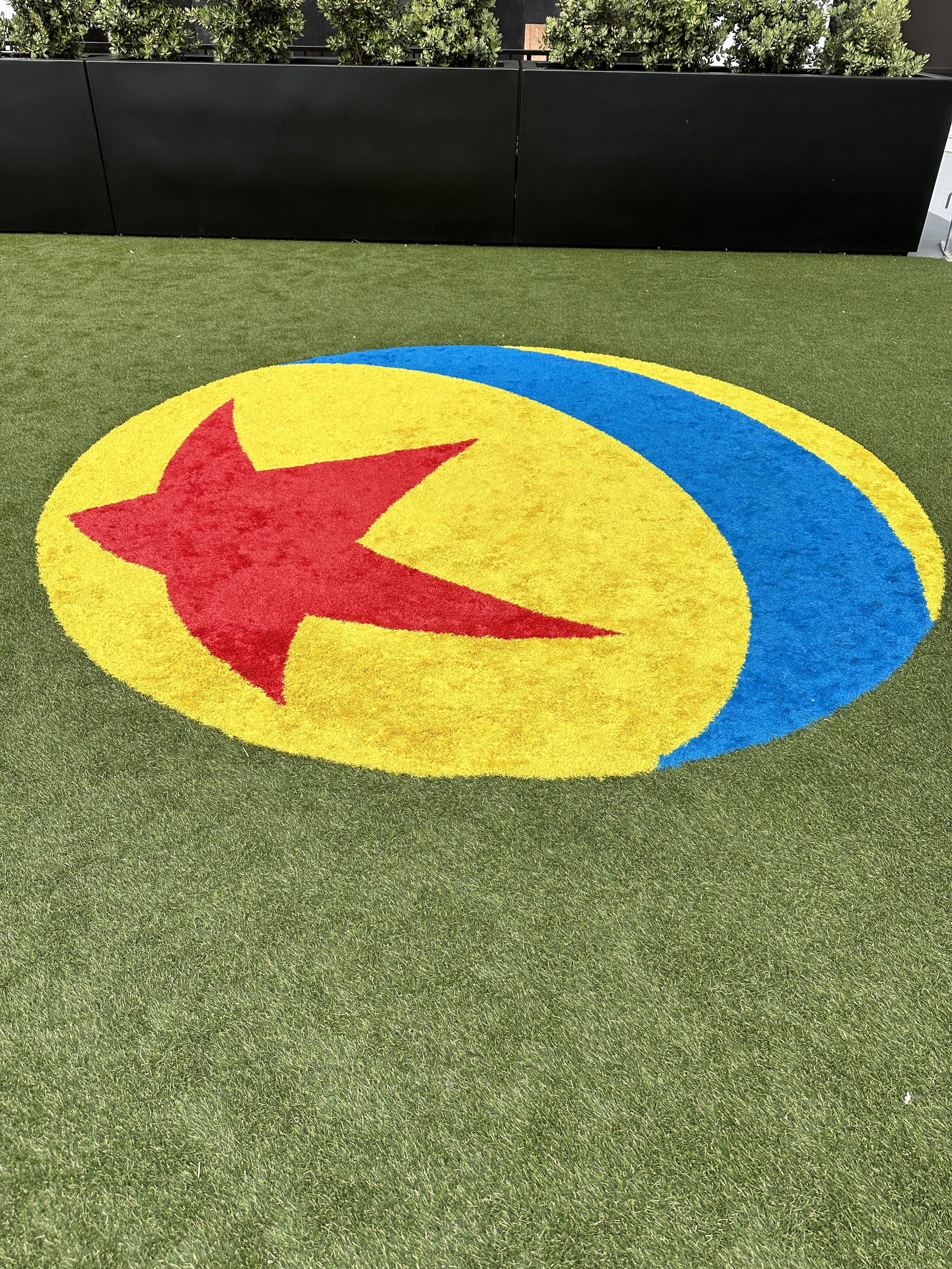 Colorful circular logo on artificial grass with a red star, yellow background, and a blue and yellow shape in the background.