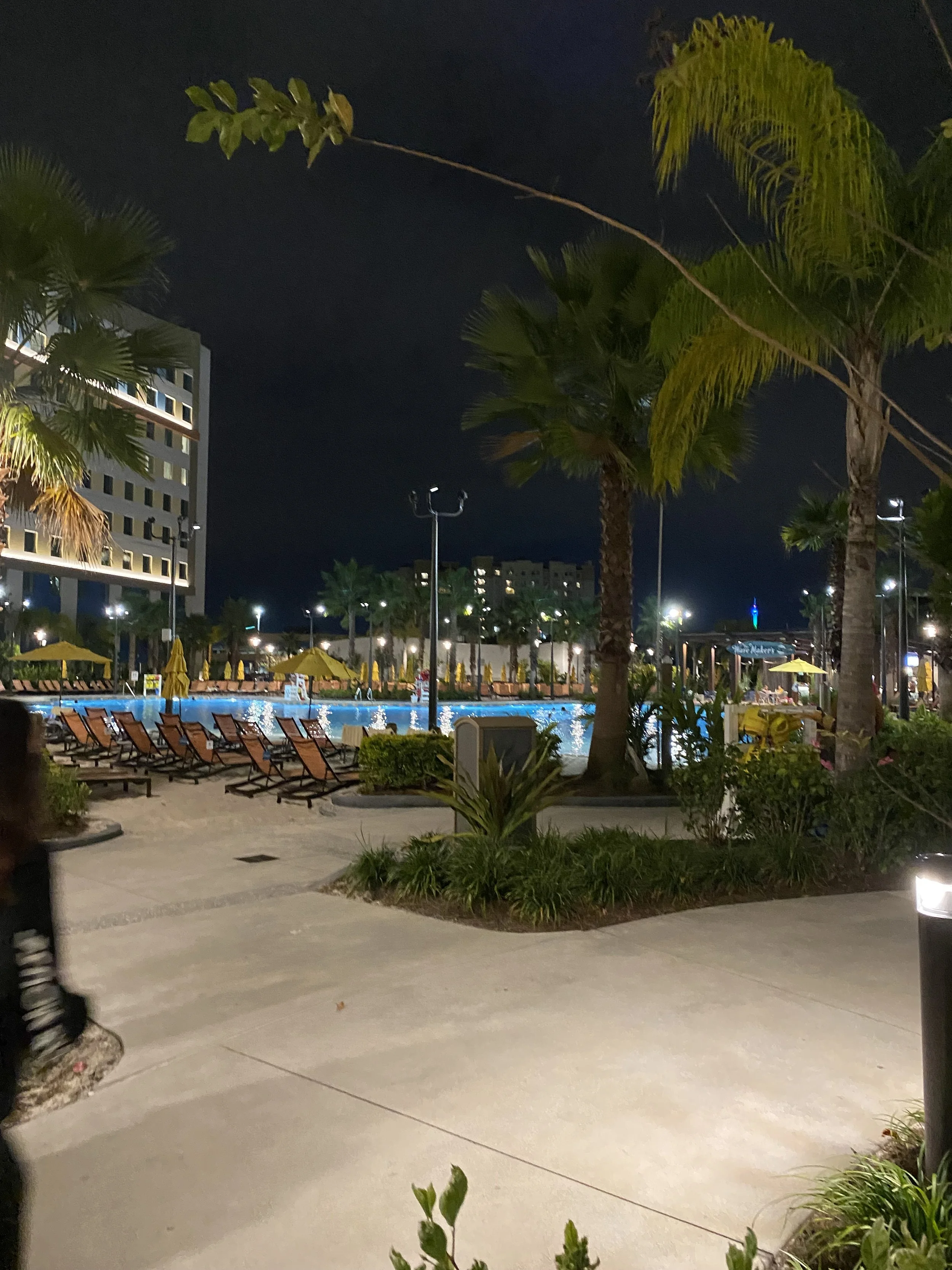 Night view of a hotel pool area with lounge chairs, yellow umbrellas, palm trees, and surrounding greenery, illuminated by outdoor lighting.