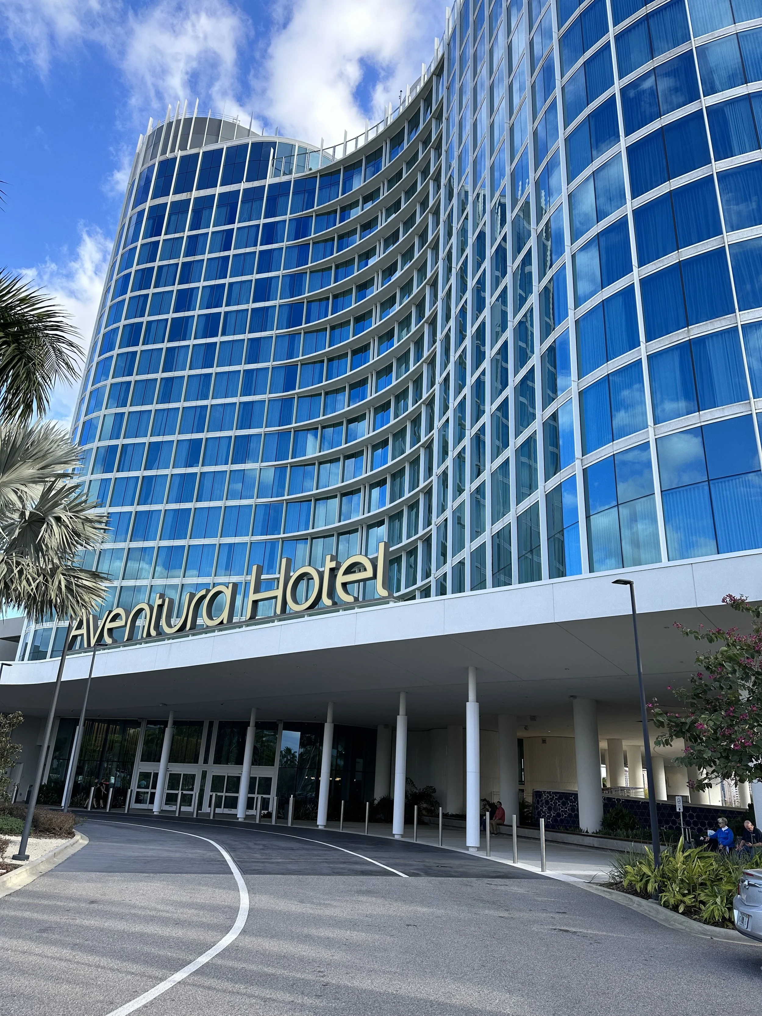 Modern curved glass hotel building with a white sign that reads 'Aventura Hotel' at the entrance, surrounded by palm trees and a parking area with a few people sitting outside.