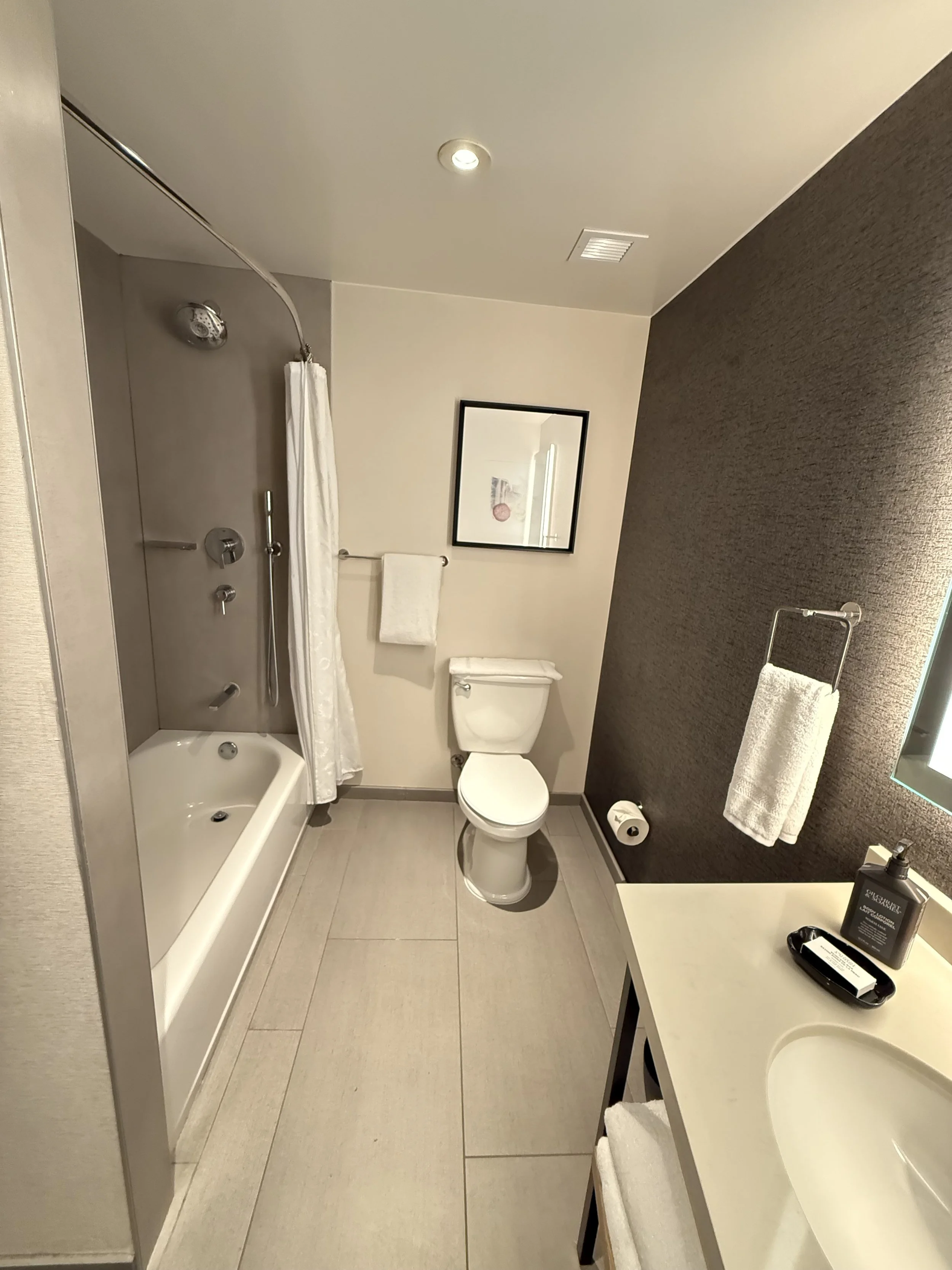 A small bathroom with a bathtub and shower, a toilet, a mirror, a towel rack, a vanity with a sink, and a bottle of hand soap on the countertop.