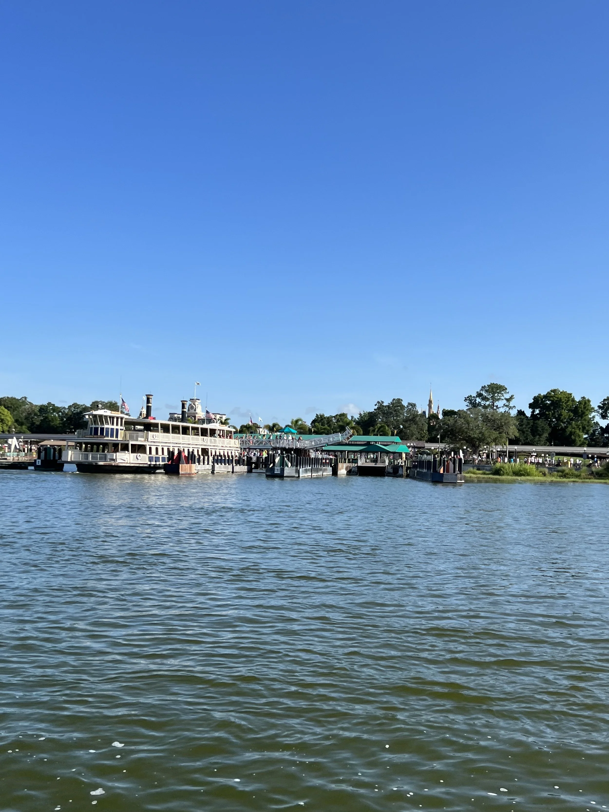 View of a lake with a docked steamship and a nearby walkway, greenery in the background, and a clear blue sky.
