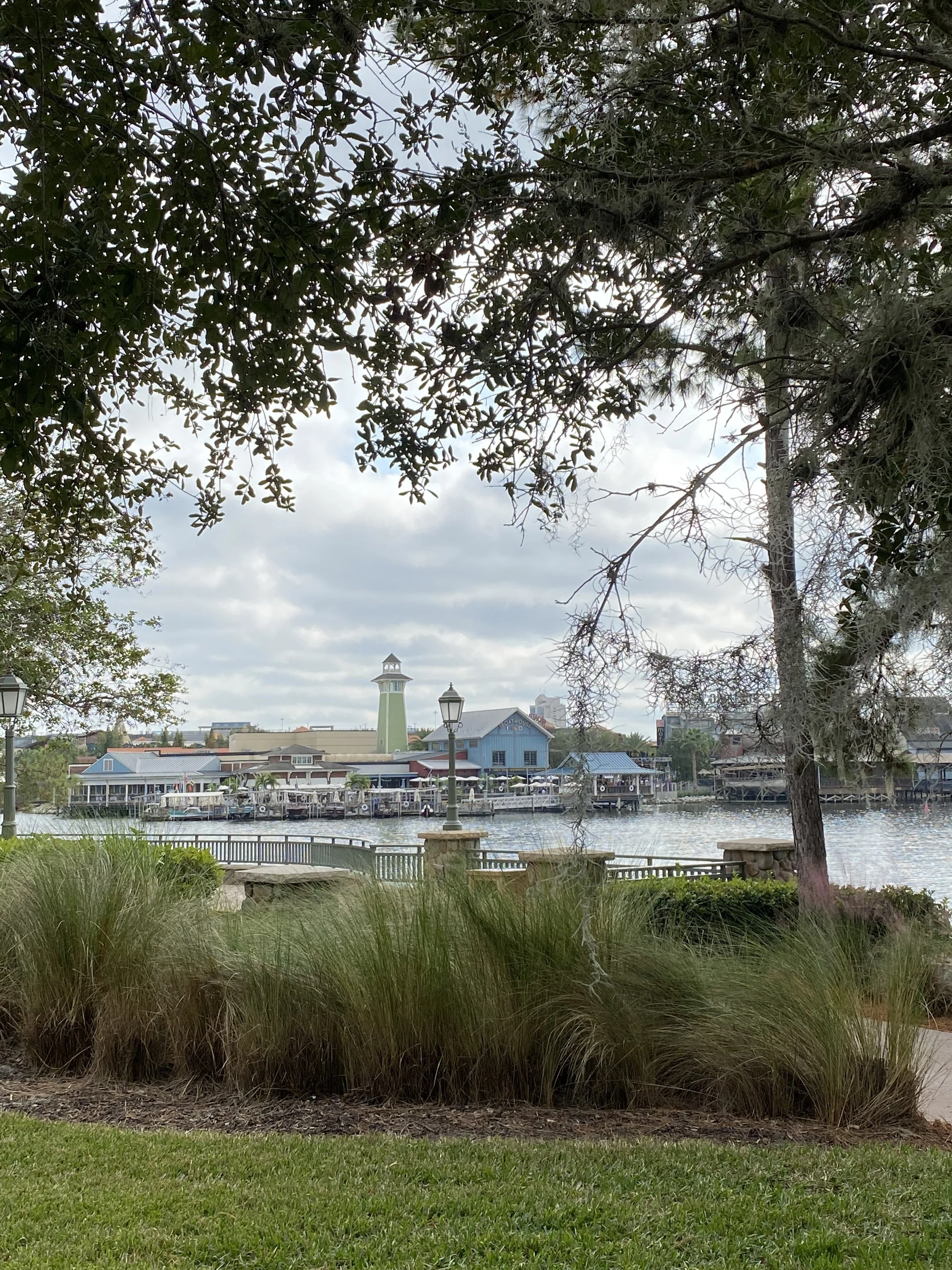 View of a waterfront area with grassy plants in the foreground, a walking path, lampposts, a lake with boats, and colorful buildings including a lighthouse structure in the background under a cloudy sky.