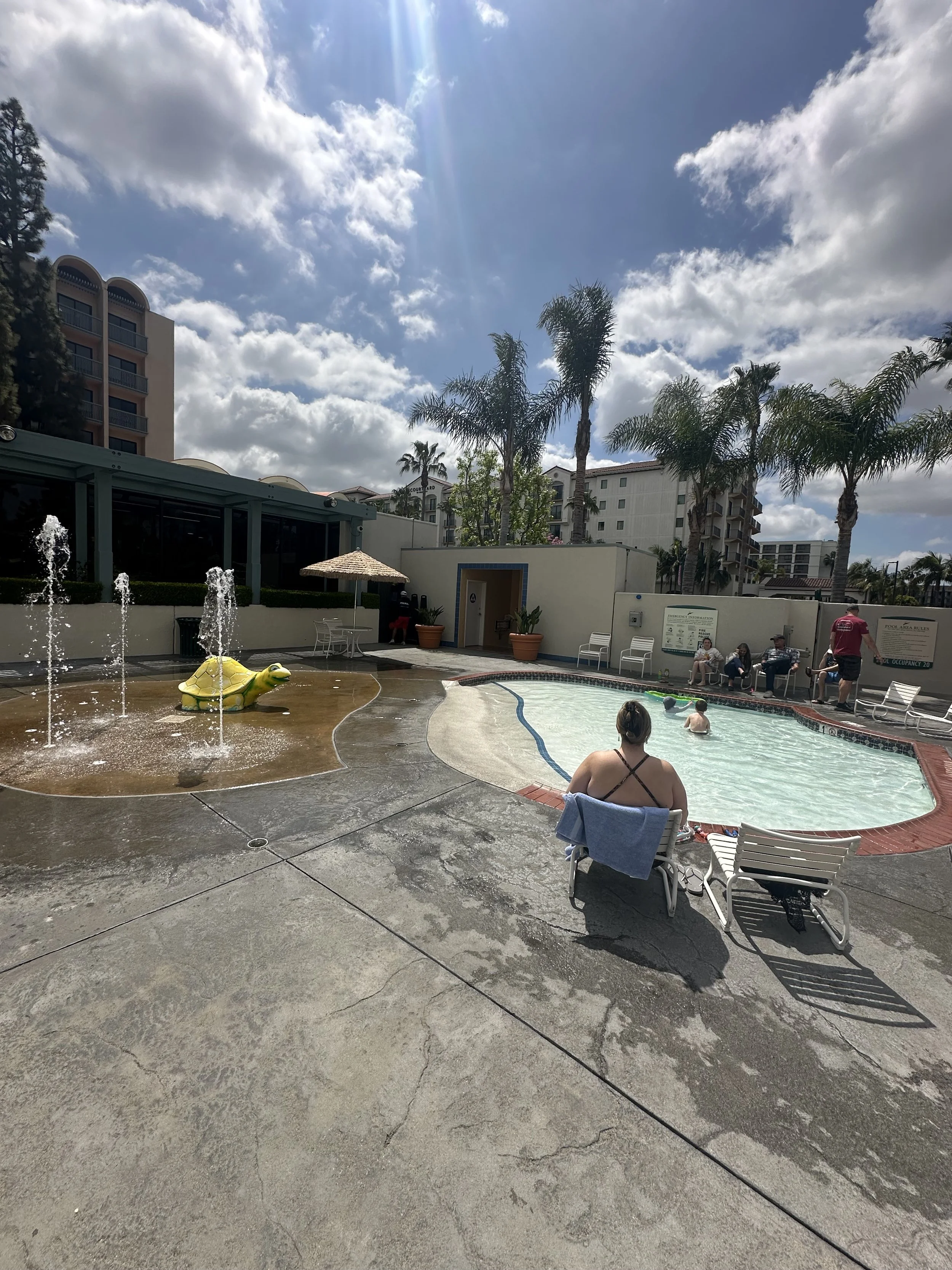 People relaxing at a poolside with a sunny sky and palm trees in the background.