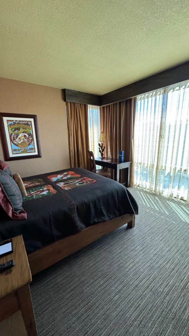 Hotel room with a bed, a nightstand with a remote control, a framed picture on the wall, a small desk with a chair, a lamp, and floor-to-ceiling window with curtains and sheer vertical blinds.