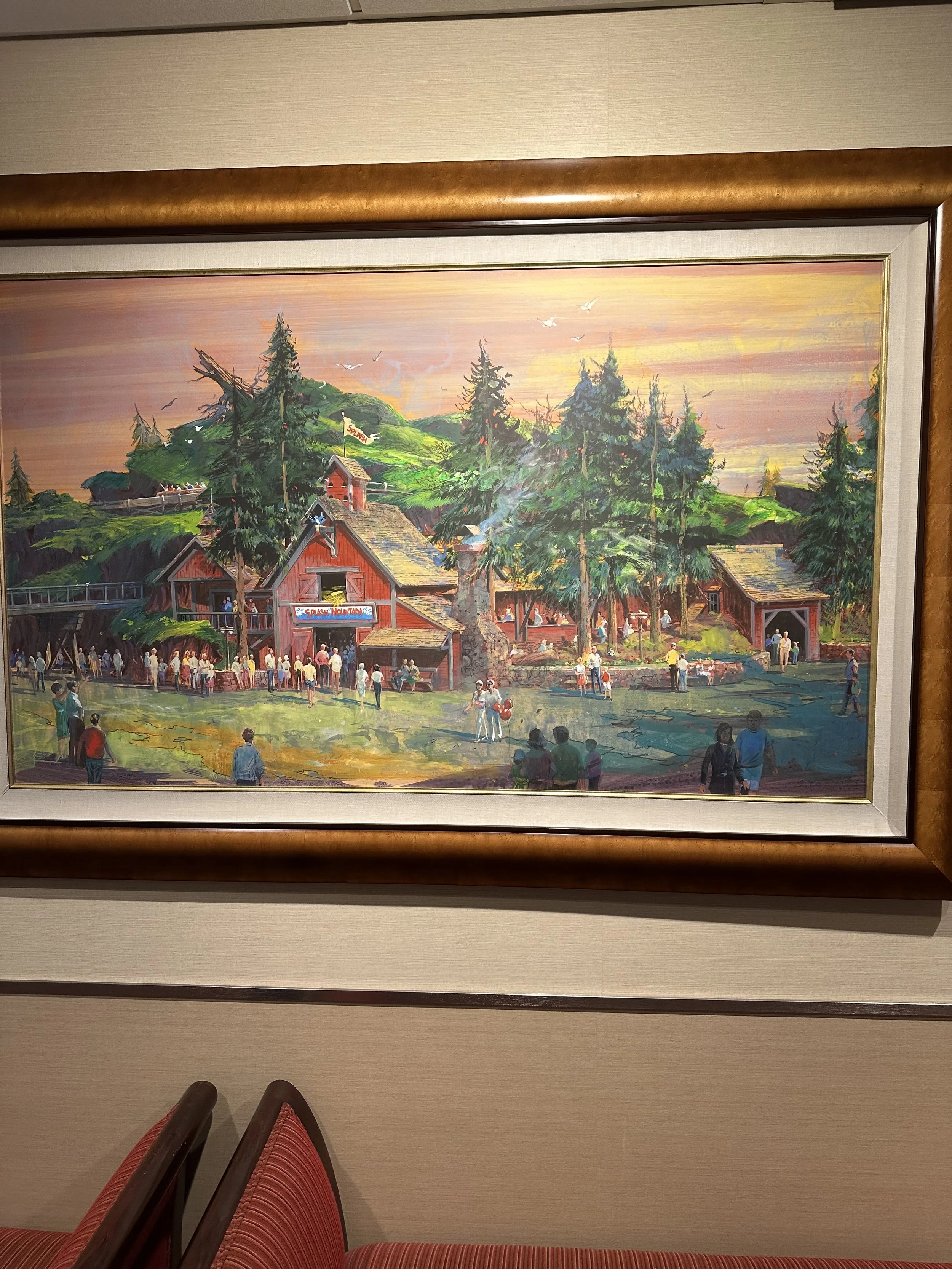 Painting of a crowded mountain-themed resort or lodge with people outside, surrounded by tall pine trees, with a sunset sky in the background.
