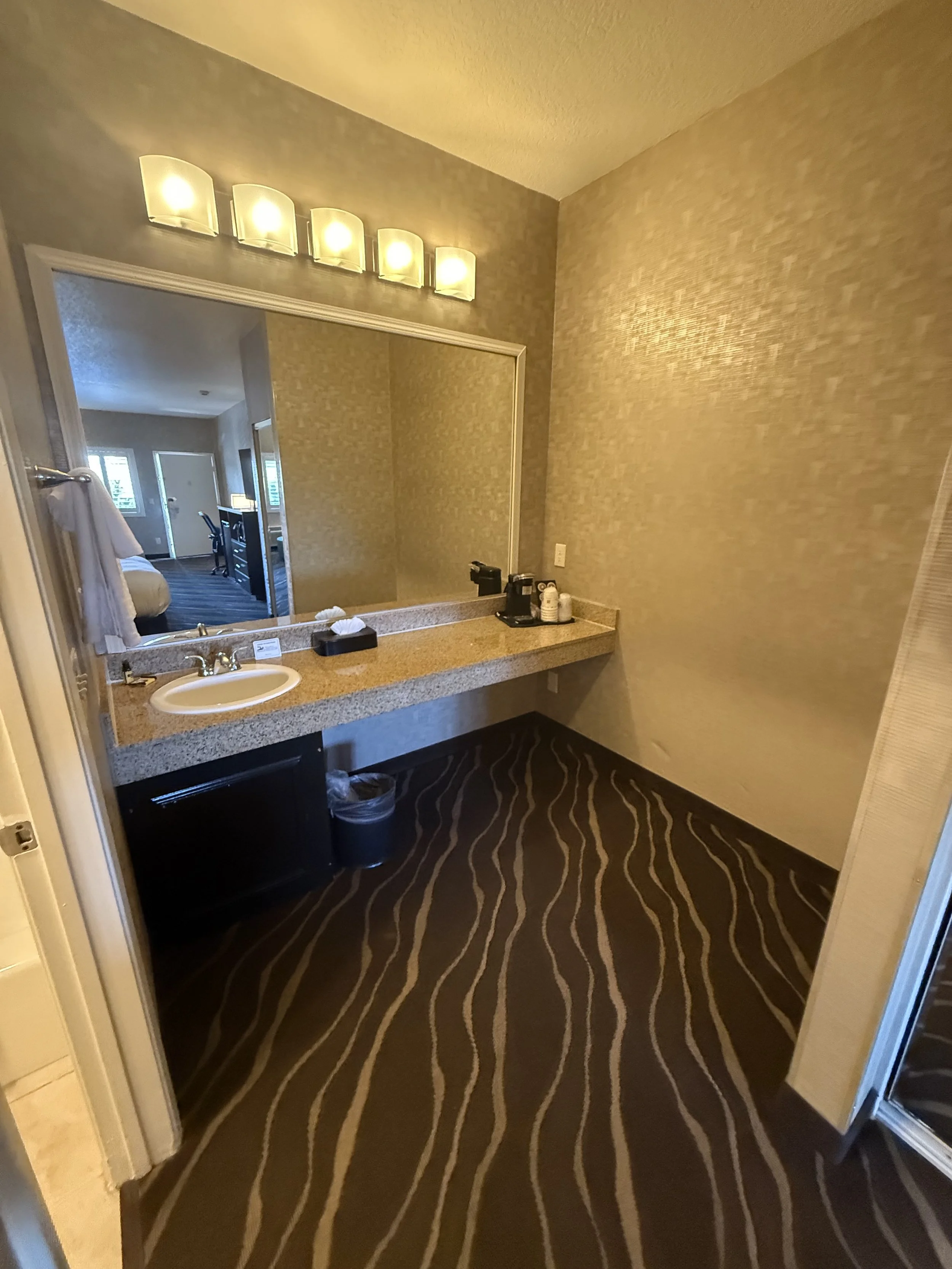 Empty hotel bathroom with a large mirror, a faucet sink, and a carpeted floor with wavy stripes.