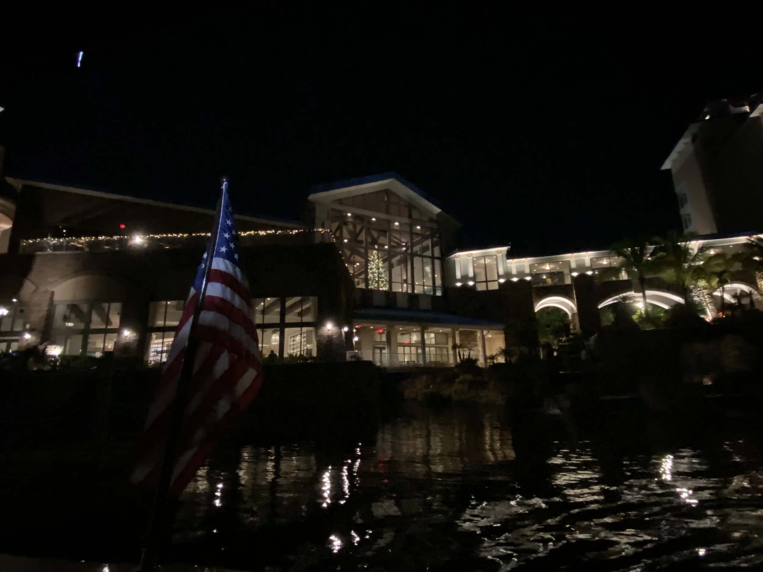 Nighttime view of a building with bright white lights, a Christmas tree, and an American flag in front, reflected in water.