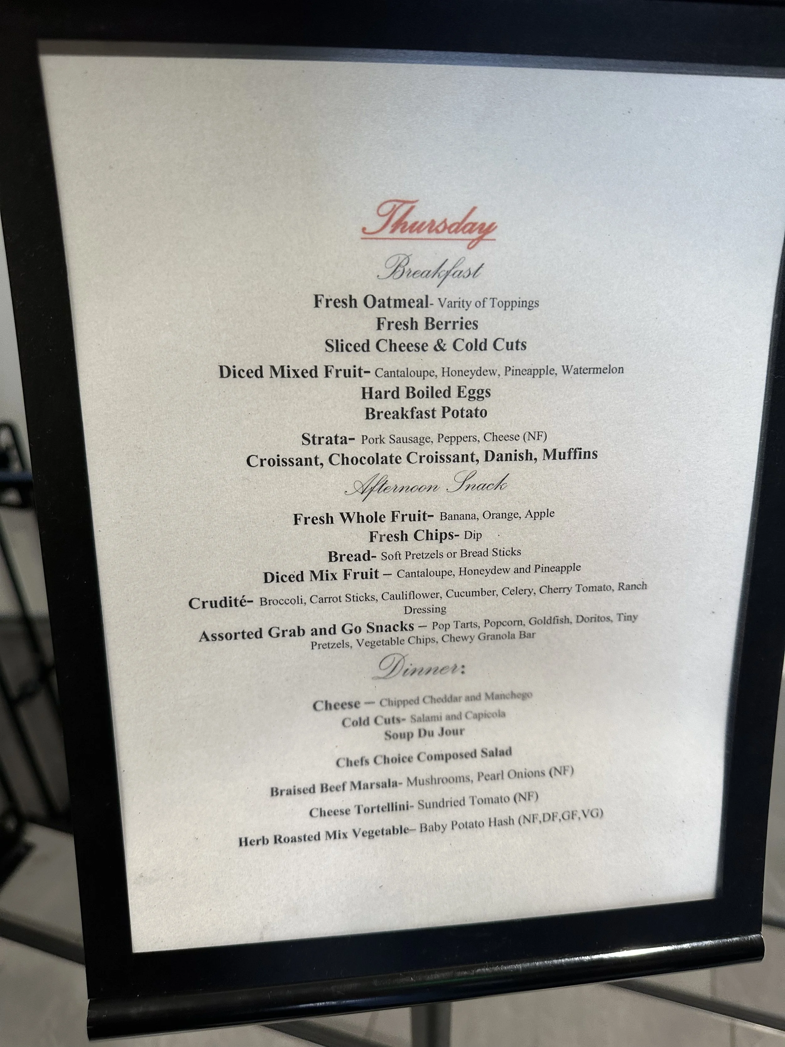 Menu for Thursday including breakfast, afternoon snack, and dinner options with various dishes.