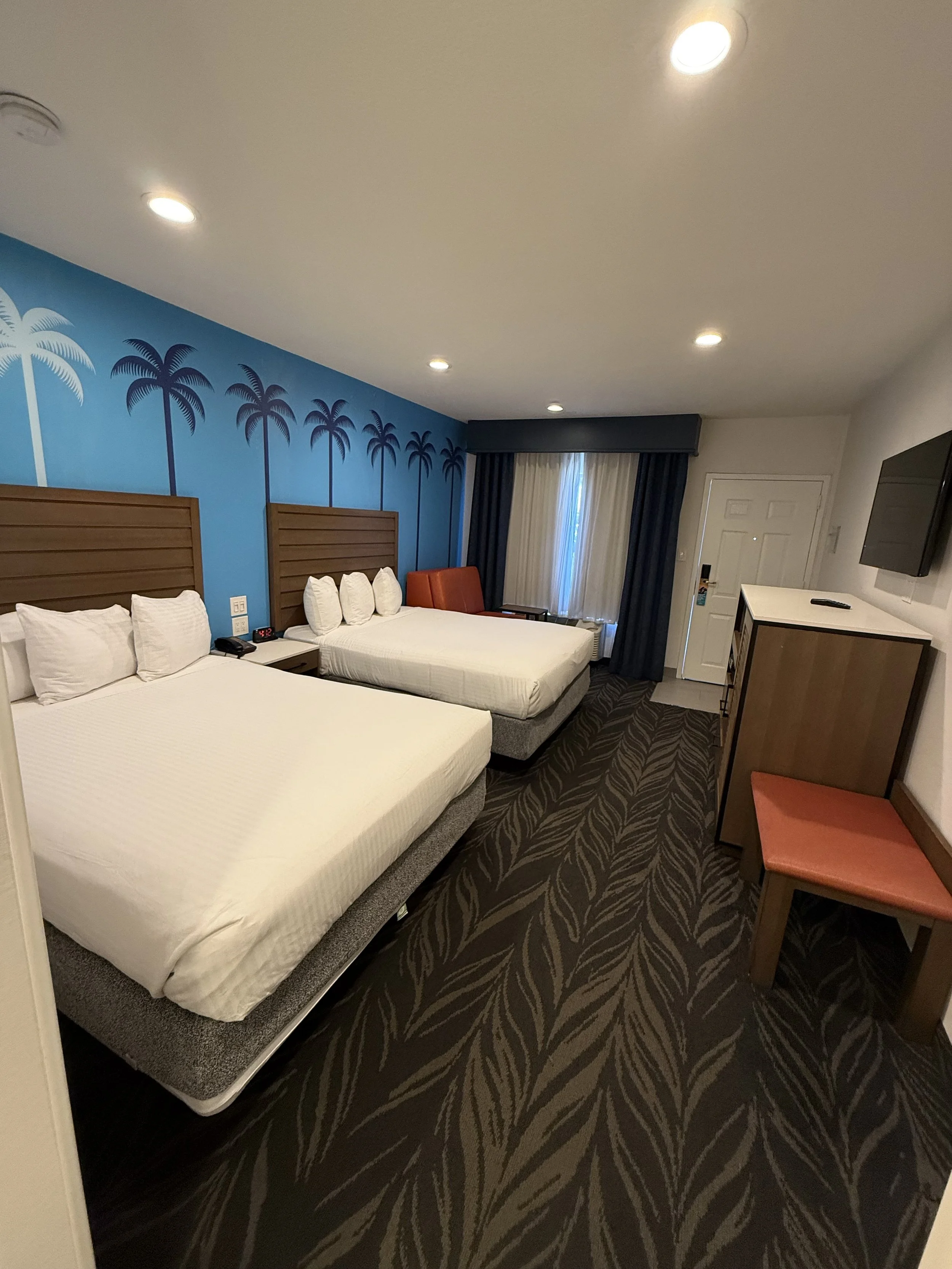 A hotel room with two queen beds, a blue accent wall with palm tree mural, a window with dark curtains, a small desk with a television on it, and a chair. The room has a patterned carpet and ceiling lights.