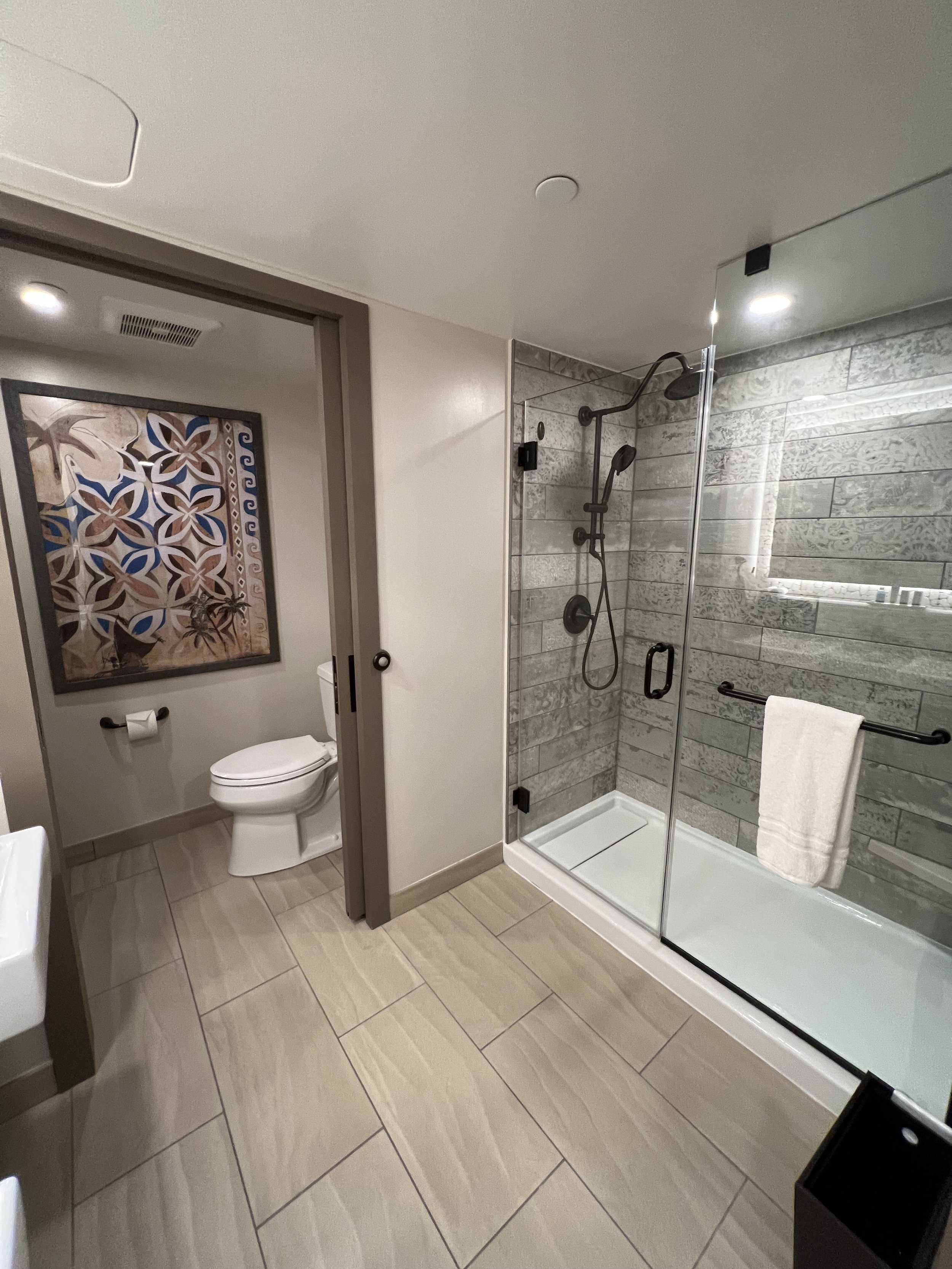 Bathroom with a toilet, artistic wall art, and a glass-enclosed shower with grey tiles.