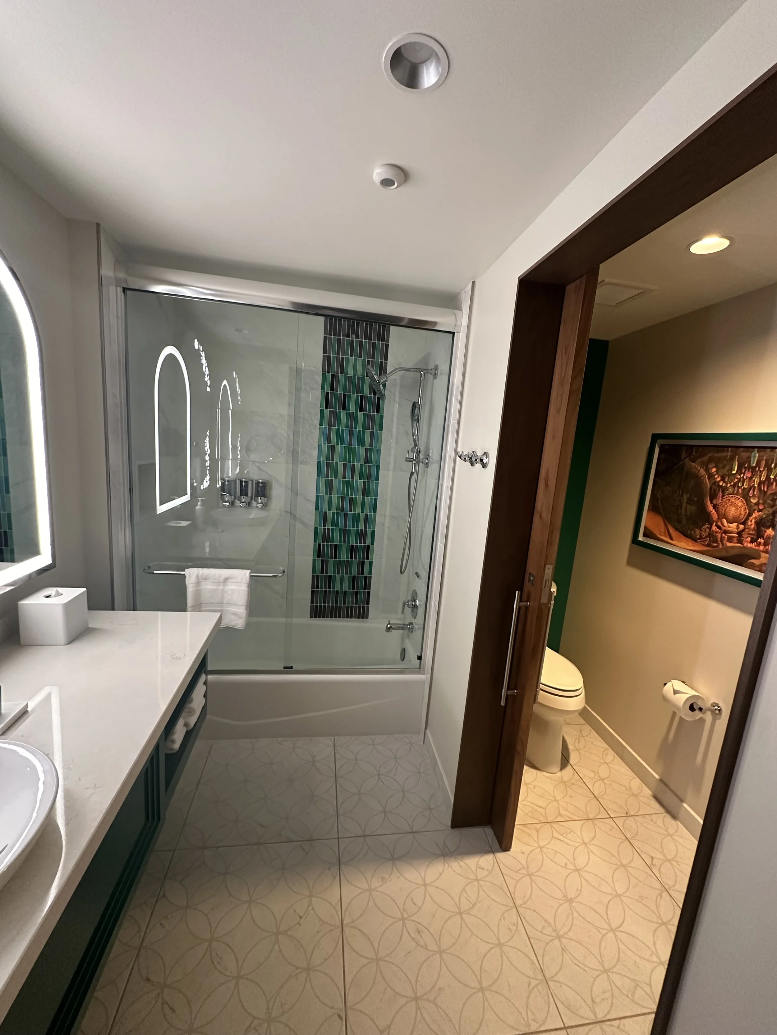 A bathroom with a glass shower enclosure, a vanity with a sink, a mirror, and a separate toilet area with a door, artwork on the wall, and a toilet paper roll.