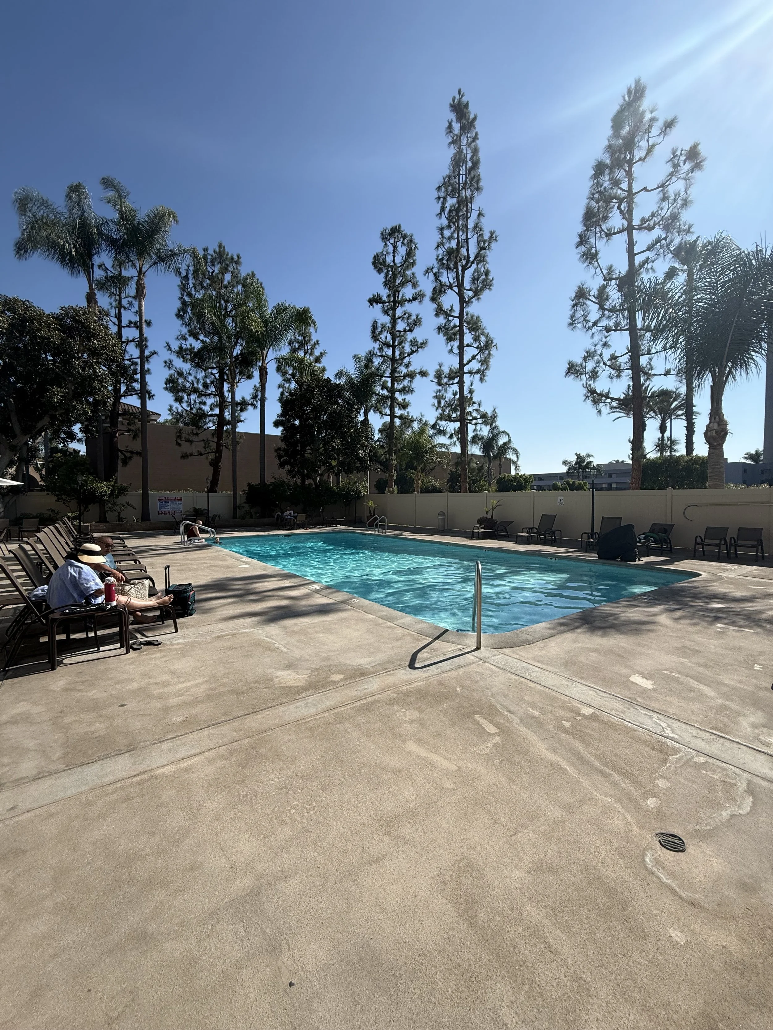An outdoor swimming pool surrounded by lounge chairs, some of which are occupied, and tall trees under a clear blue sky.