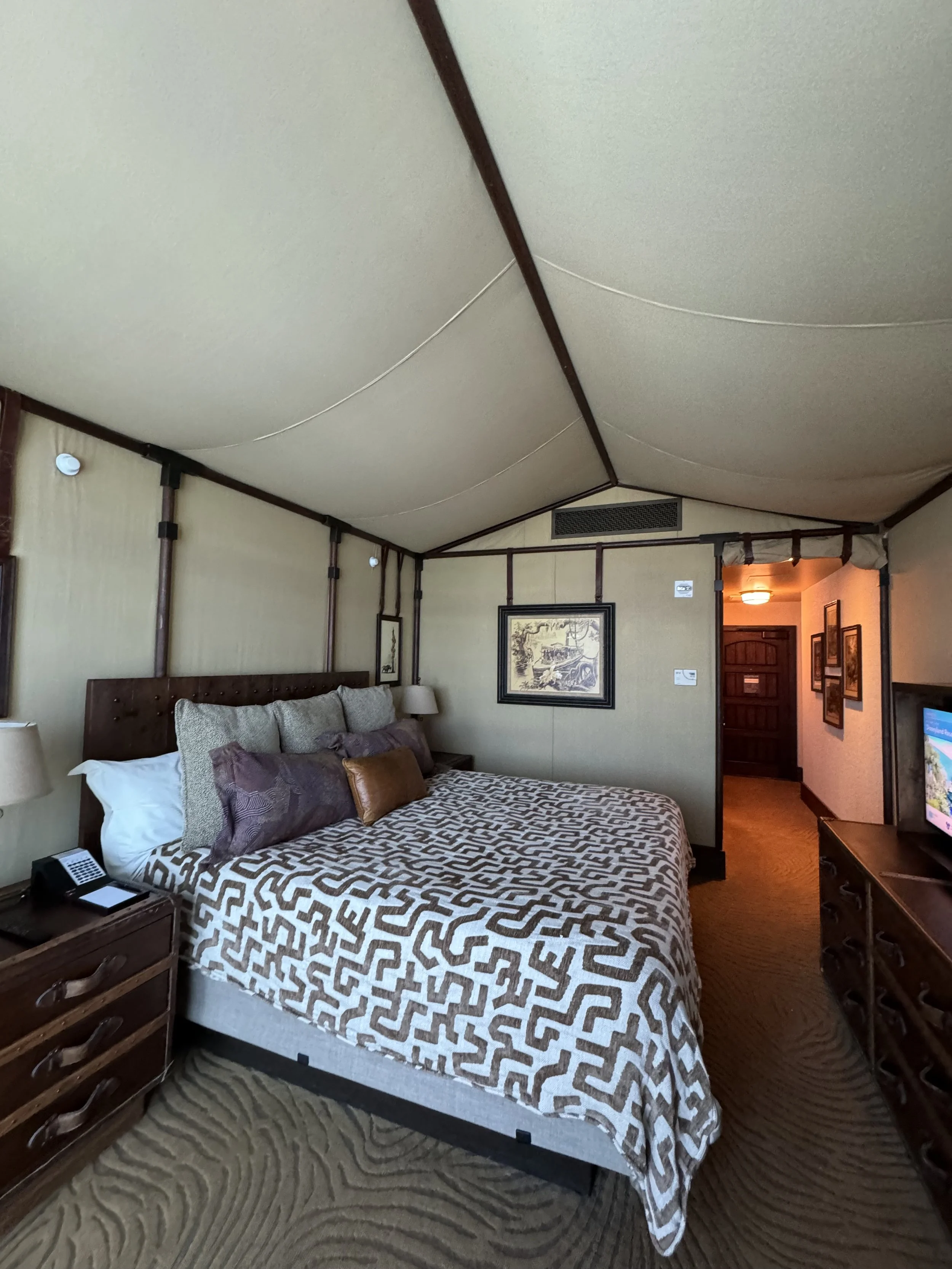 Hotel room with a large bed covered by a patterned brown and beige blanket, multiple pillows, bedside lamps, a dresser with a telephone, framed artwork on the wall, and a television across from the bed, with warm lighting near the entrance.