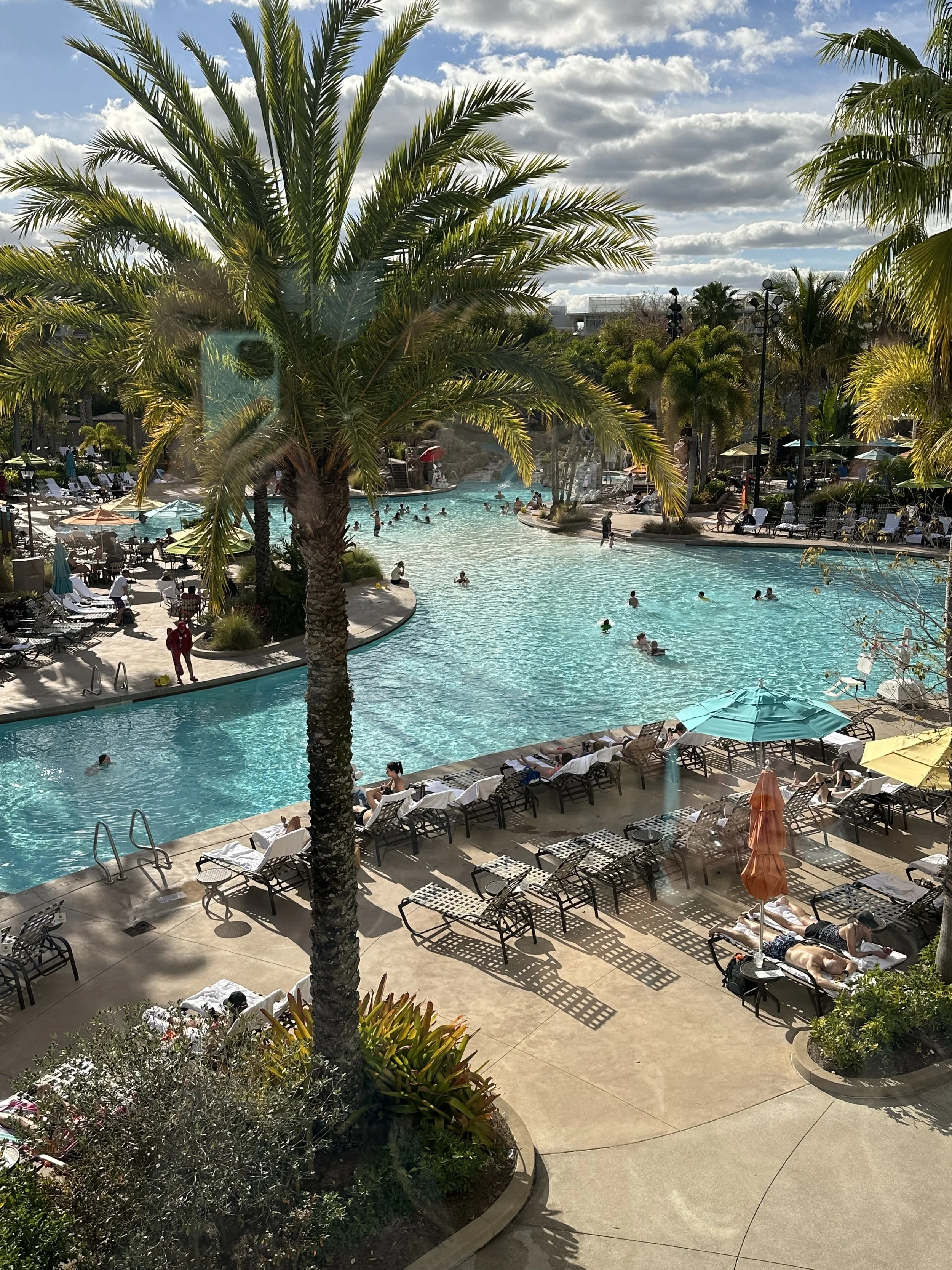 A large outdoor swimming pool surrounded by palm trees, with people swimming and lounging on chairs and under umbrellas. The sky is partly cloudy with some sunlight.