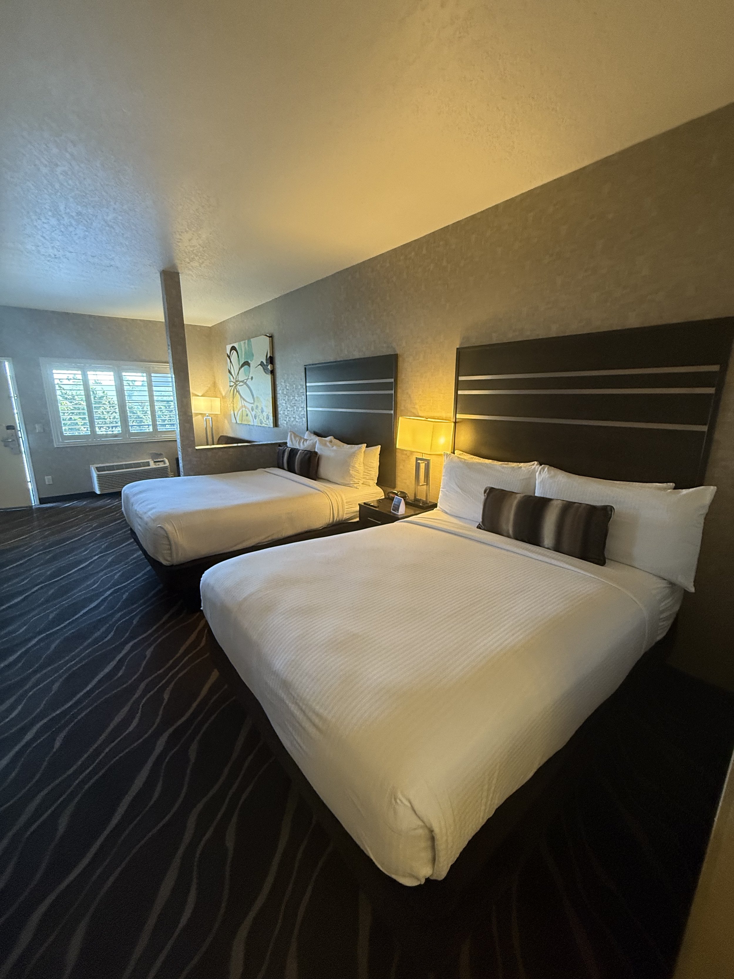 A hotel room with two double beds, dark headboards, a nightstand with a lamp, and window shutters, with dark carpet flooring.