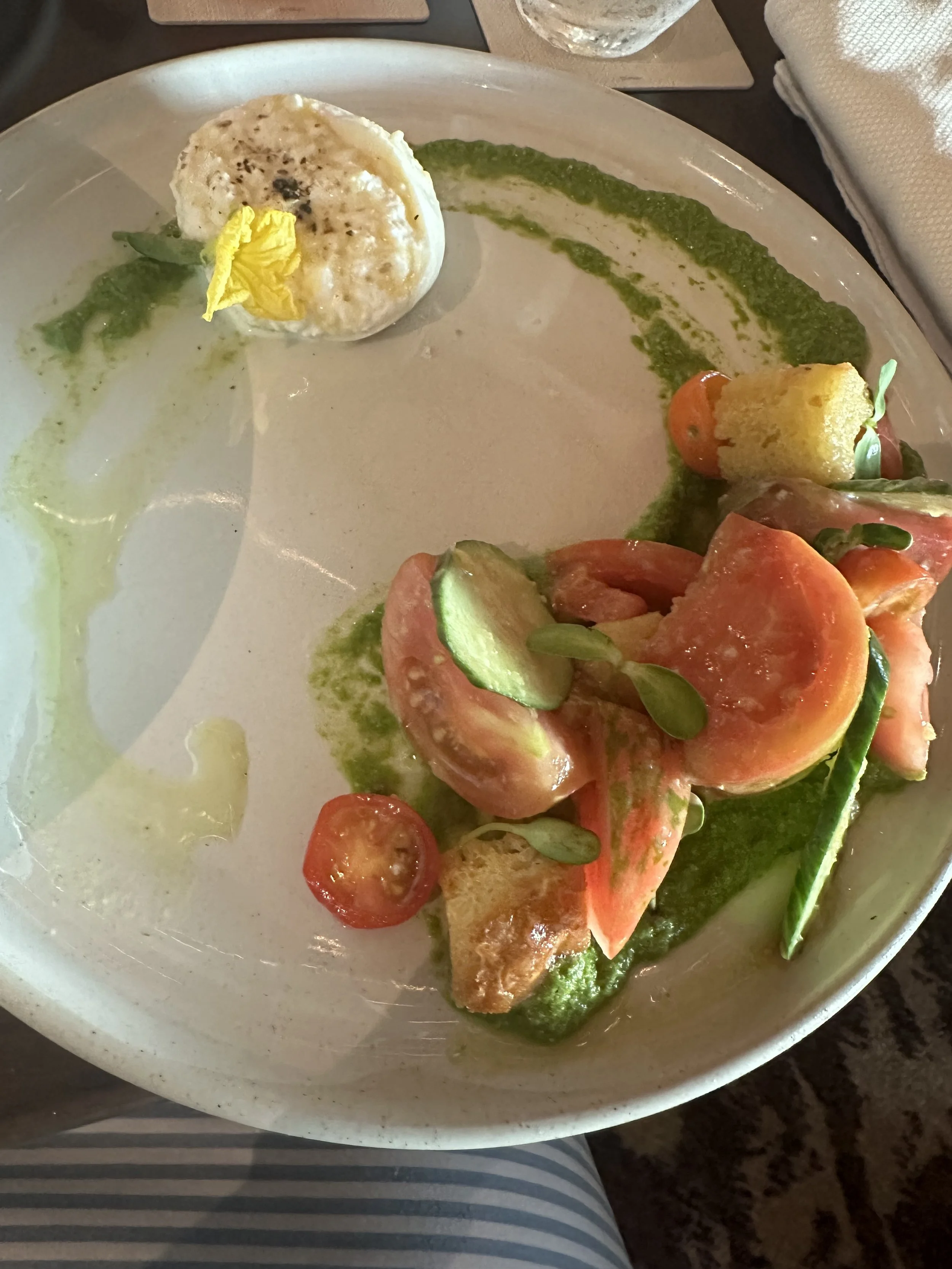 Empty white plate with remnants of a tomato and cucumber salad, green sauce, a scoop of sour cream with black pepper, a small piece of bread, and some garnish. Part of a glass of water and a person's striped clothing visible.