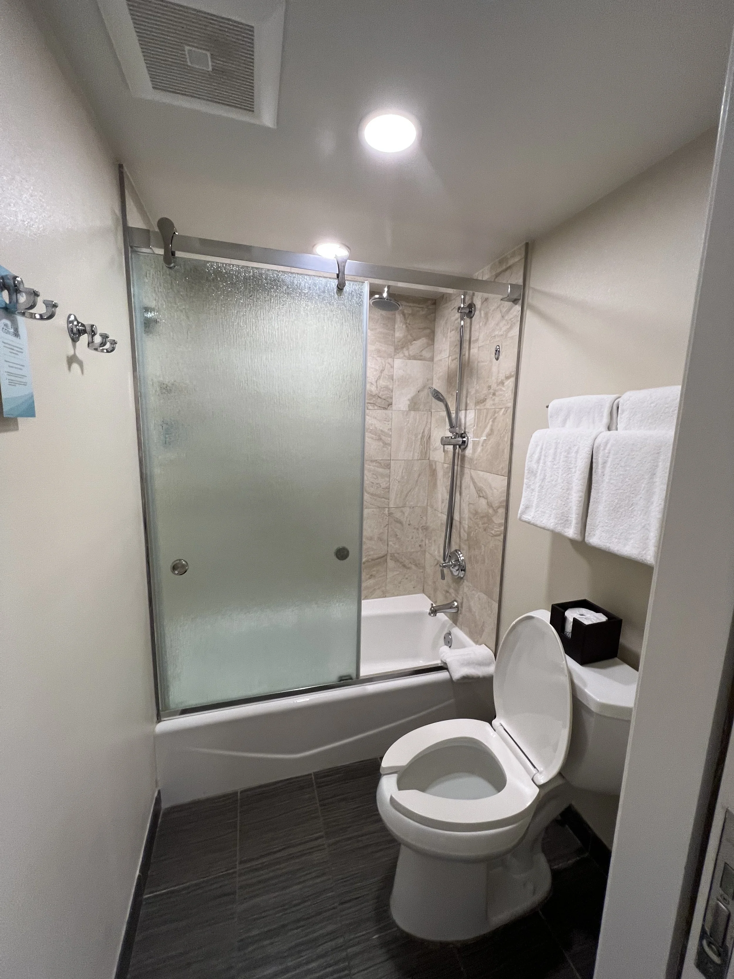 Small bathroom with a toilet, a bathtub with a shower, frosted glass sliding door, and white towels on a wall-mounted rack.
