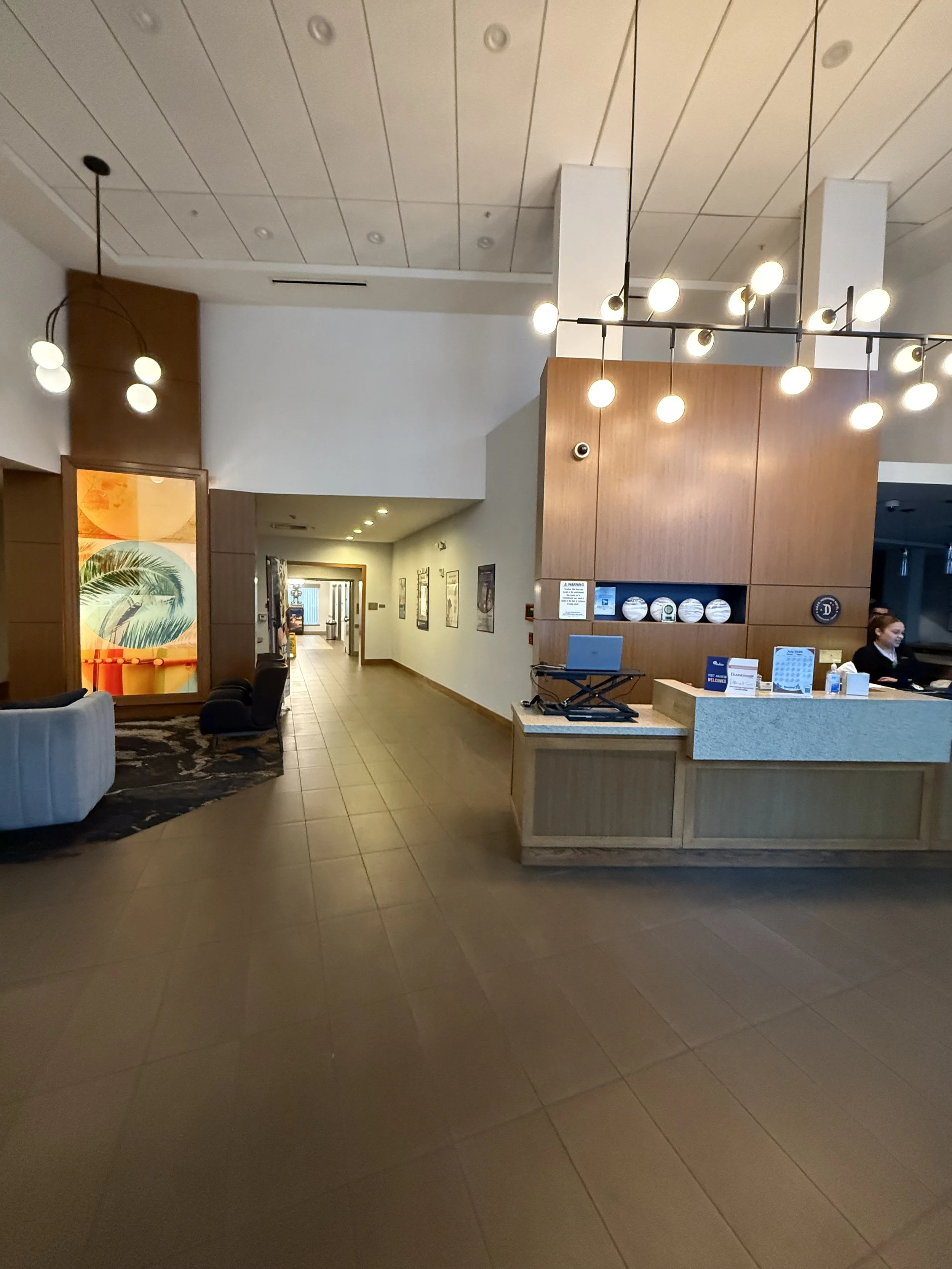 Hotel lobby with a reception desk, wooden panels, and modern lighting fixtures, with seating and artwork along the hallway.